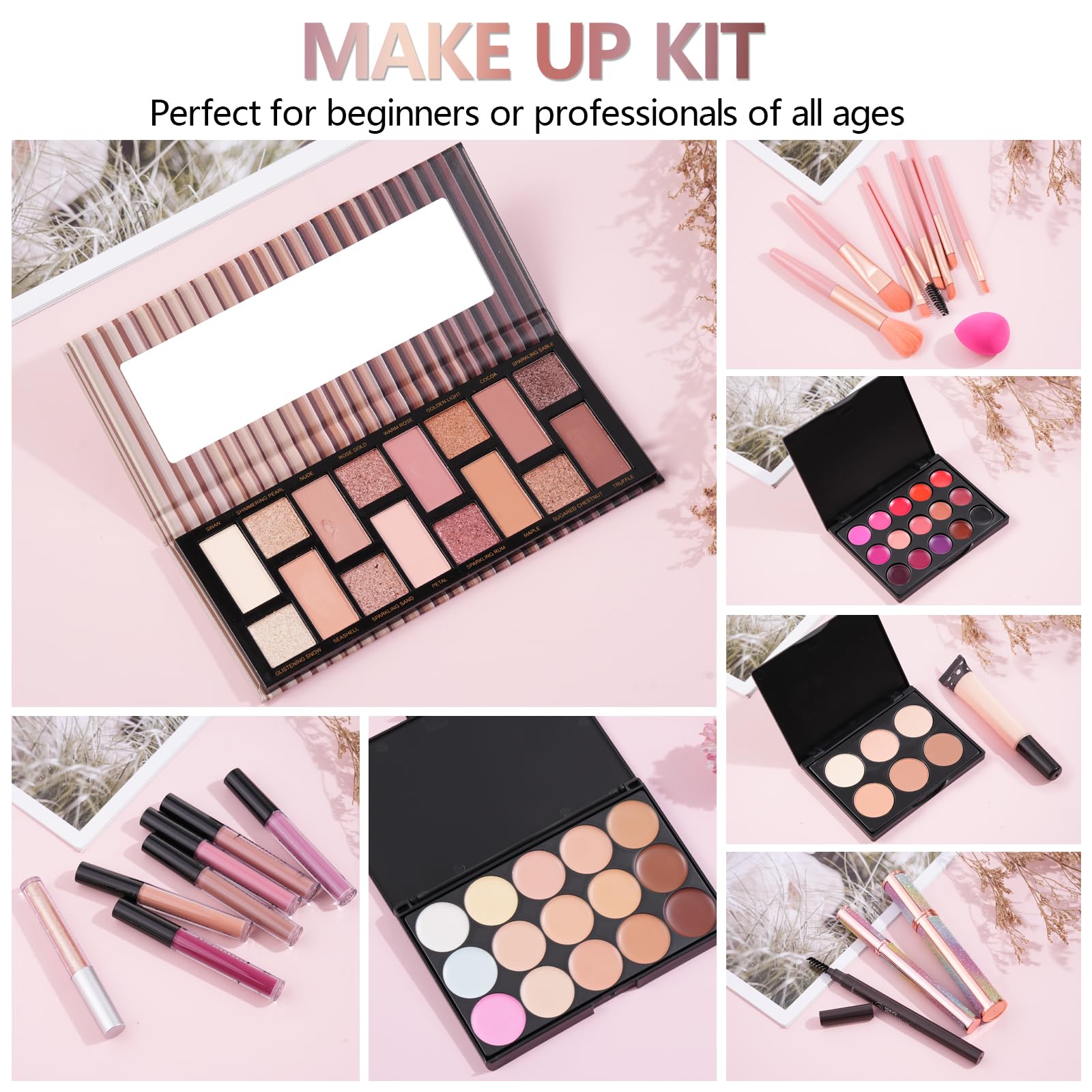 All In One Makeup Kit For Girls Gift, Makeup Kit For Women Full Kit Includes Sponge Eyeshadow Liquid Lipstick Concealer Eyeliner Eyebrow Makeup Bag