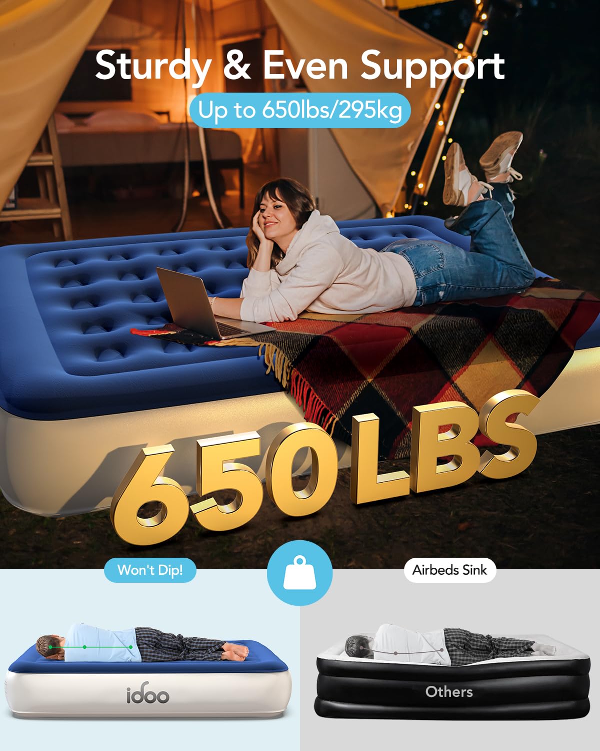 iDOO Air Mattress Queen with Built in Pump, Comfortable Inflatable Mattress with Storage Bag for Camping & Guest, 13" Tall Fast Self-Inflating Blow Up Mattress, Durable Air Bed, Colchones Inflables