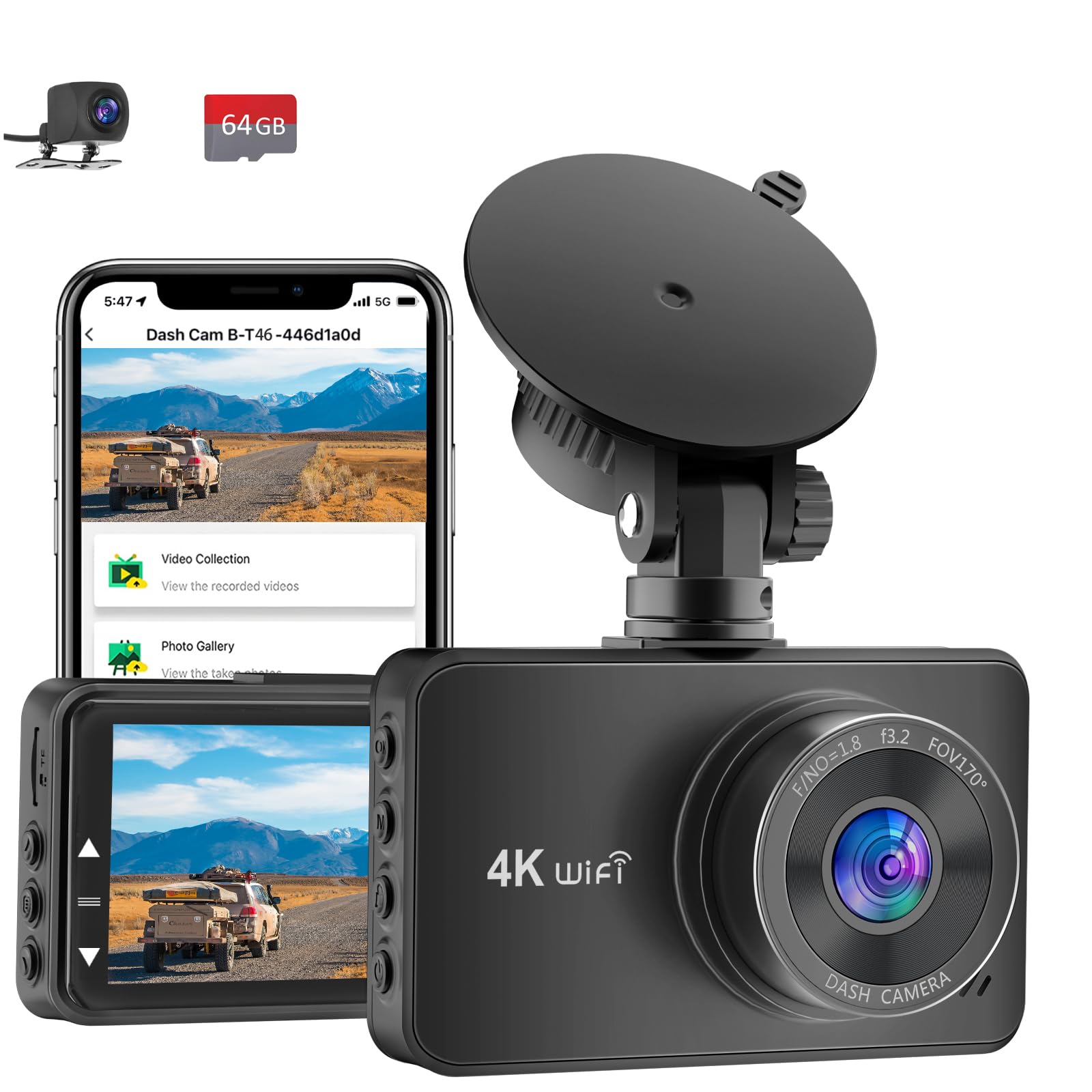 Penemay Dash Cam Front and Rear 4k WiFi, 3 Inch Dash Camera for Cars with 1080P Rear Camera, Dual Dash Cam Included 64GB Card, Dashboard Camera with Night Vision, Parking Monitor