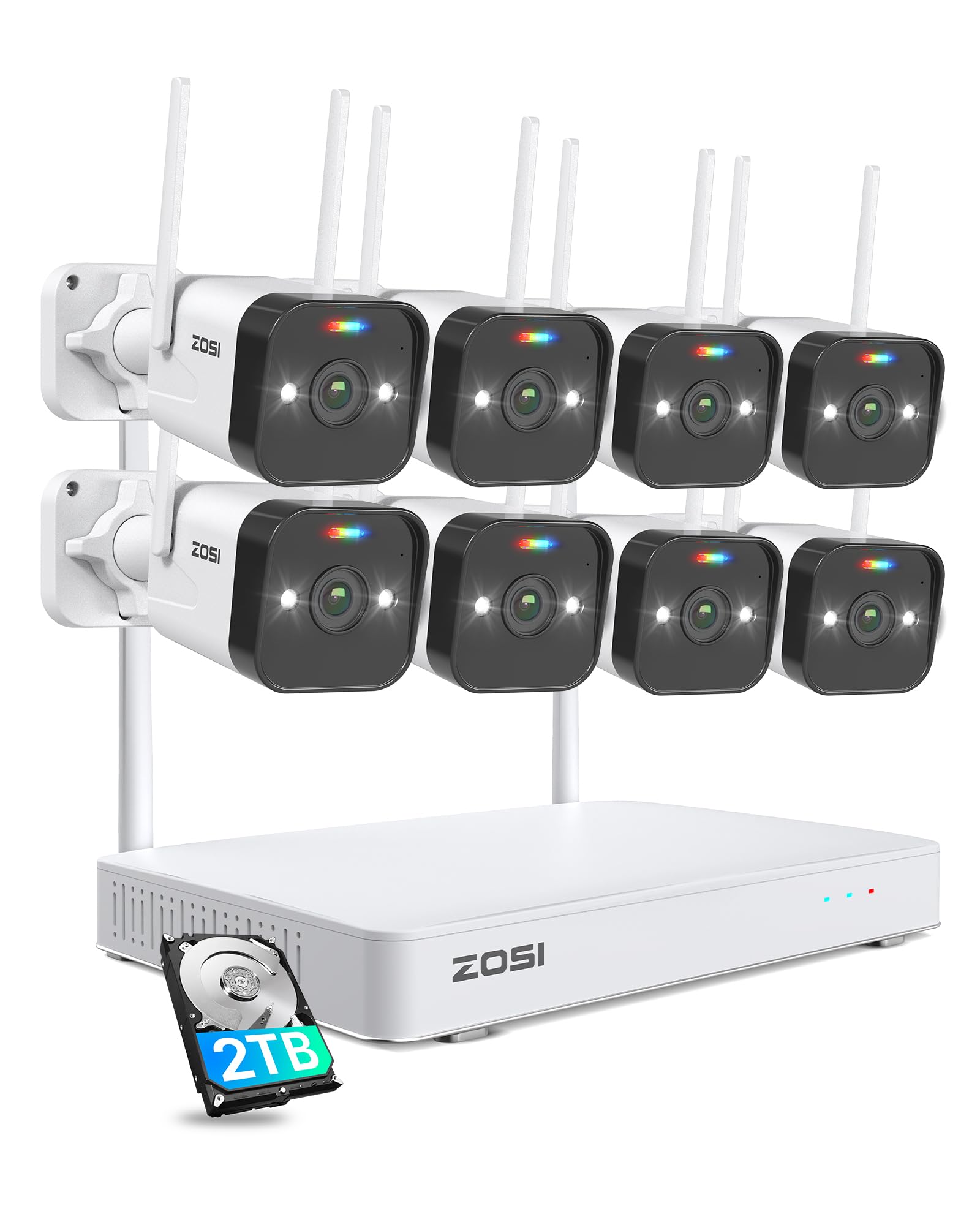 ZOSI 8CH 2.5K Security Camera Wireless System with Person Vehicle Detection,2TB HDD NVR for 24/7 Outdoor Recording,8 x 4MP WiFi Home Cameras with Color Night Vision,2 Way Audio,Spotlight Siren,Plug-in