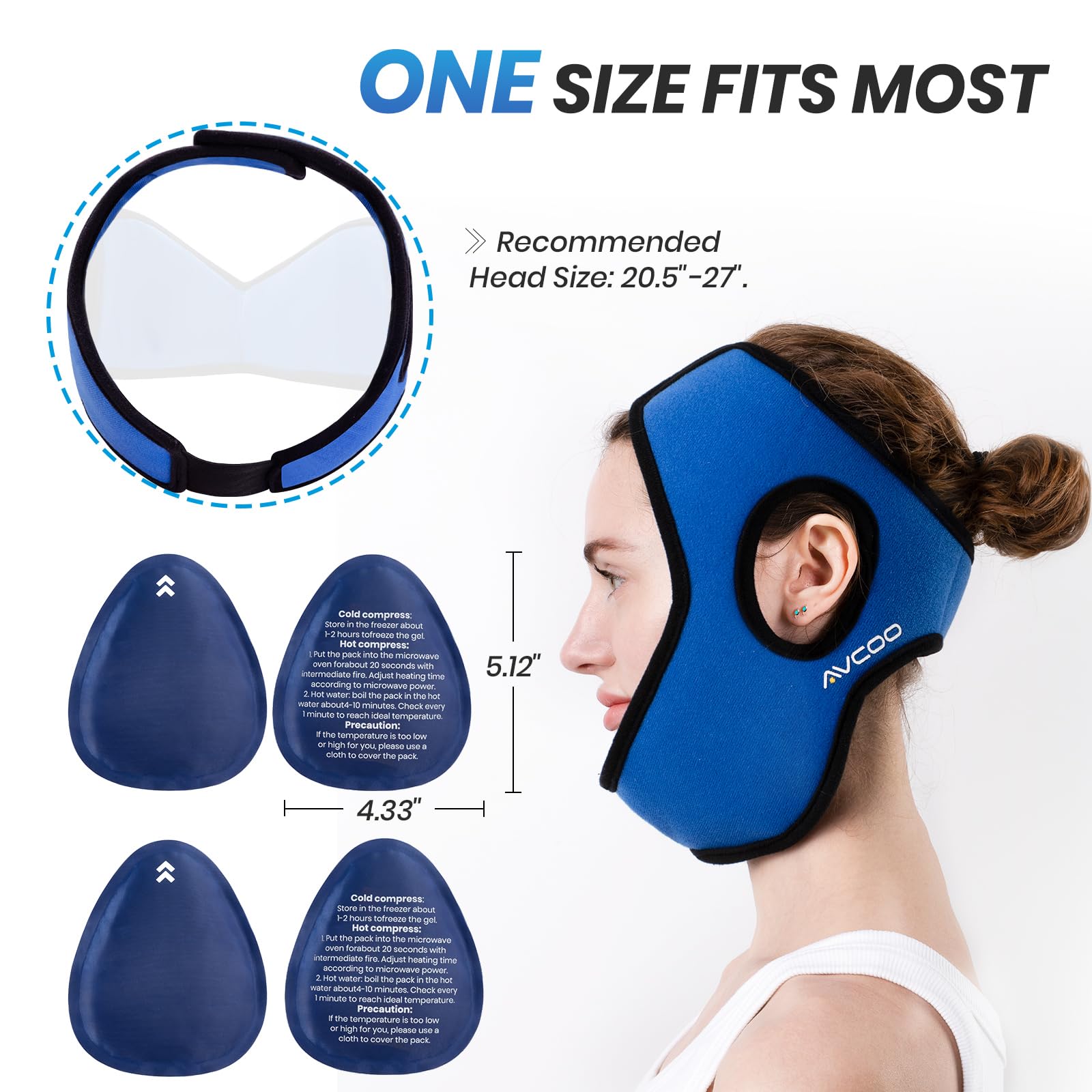 AVCOO Wisdom Teeth Ice Pack Head Wrap with Aluminum Foil Layer for Longer Cold Therapy, Jaw Ice Pack for Face with Ear Cutout Design for Snug Fit, 4 Reusable Ice Bags for Facial Oral Surgery, TMJ Pain