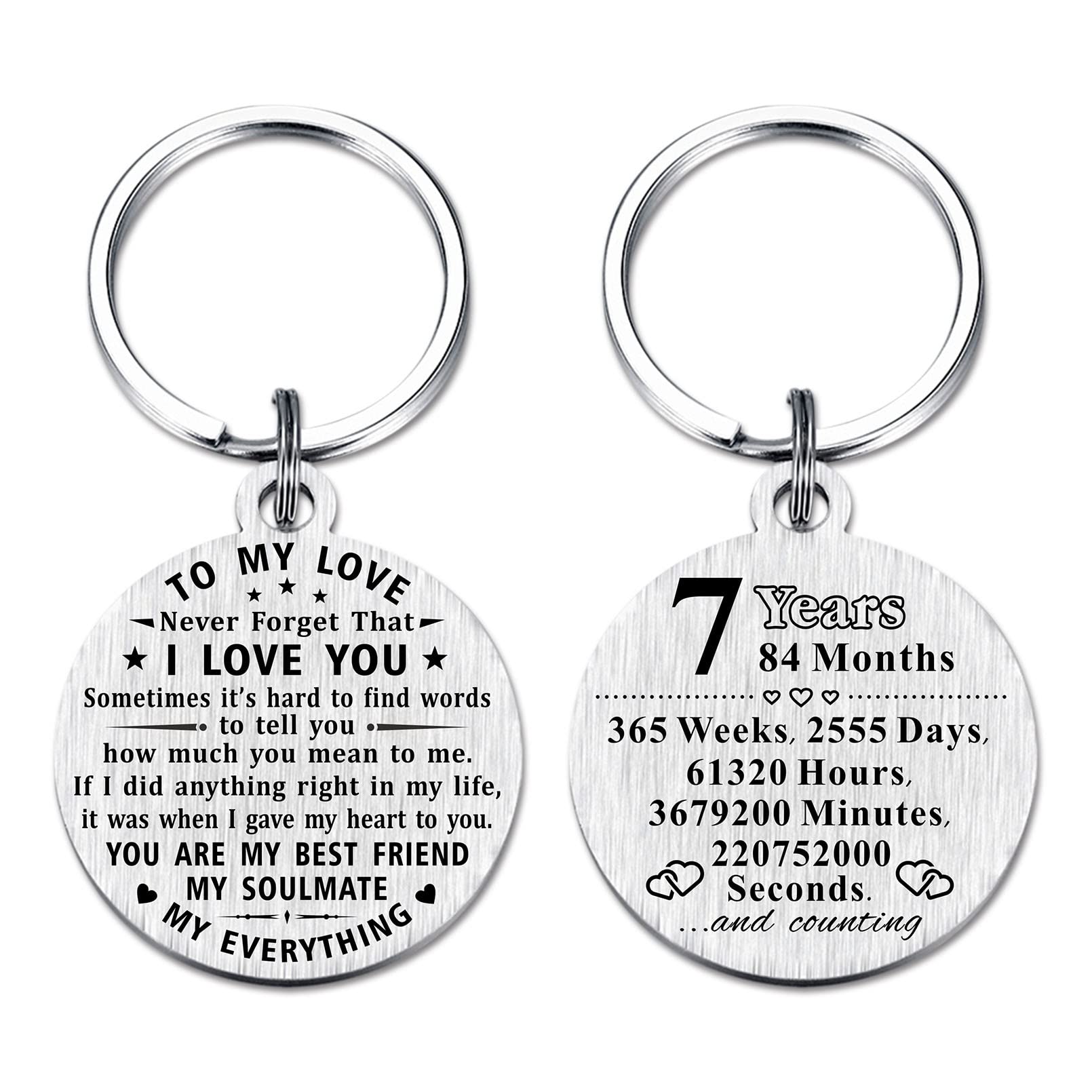 ABNTY 7 Year Anniversary Keychain Gifts, Steel Engraved 7th Wedding Anniversary Keepsake, Happy Seven Year Anniversary for Men Husband Women Wife