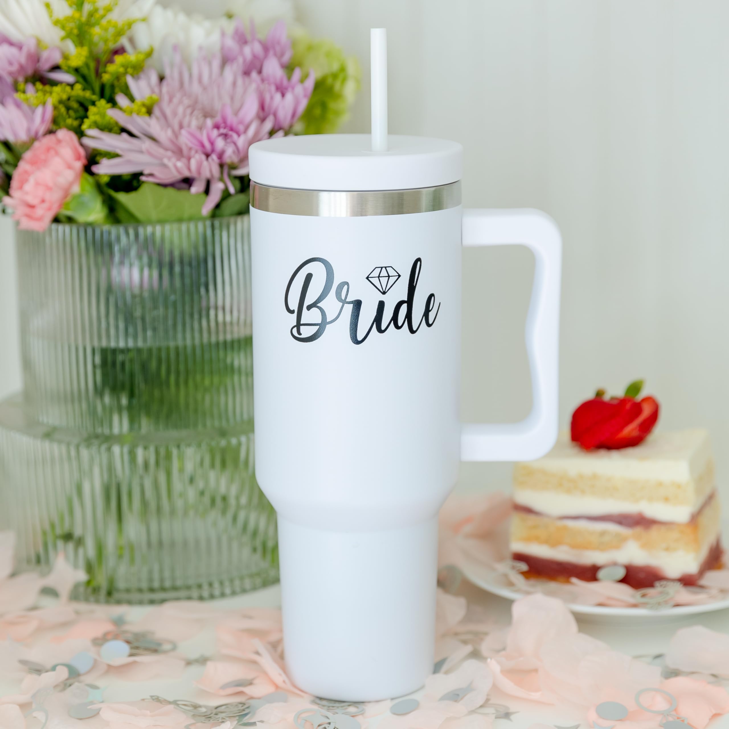 Hacienda Art & Home Bride's 40 Oz Tumbler with Handle and Straw - Insulated Stainless Steel Water Bottle Fits in Car Cup Holder - Bachelorette Gift, Bridal Shower Gift (Bride White)