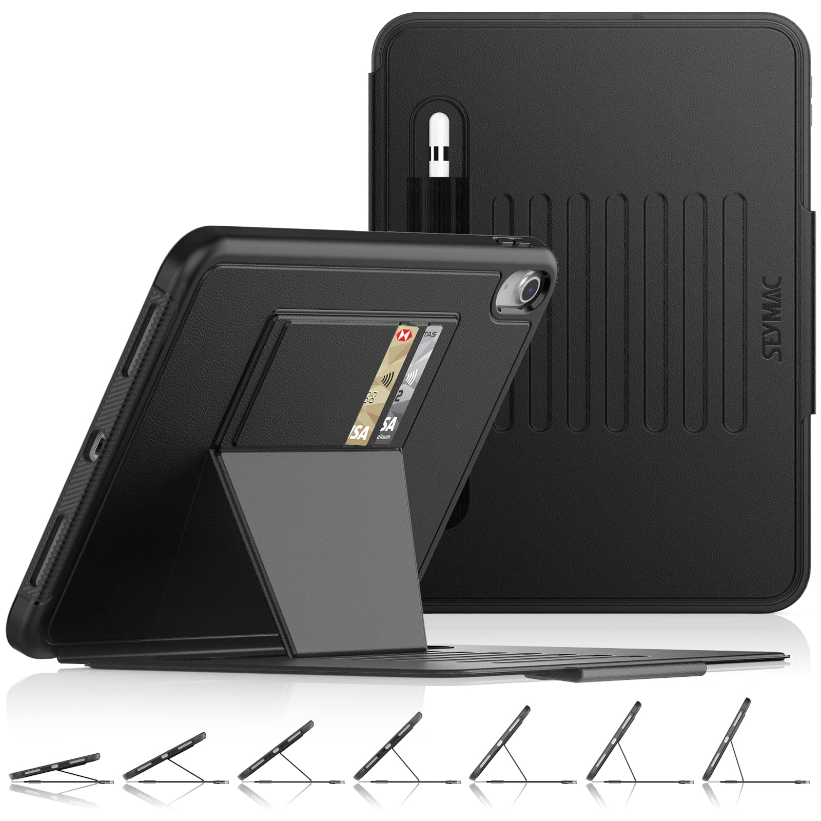 SEYMAC stock Case for iPad 10th Generation 10.9'', Strong Magnetic Auto Sleep Shockproof Case with Absorbing Multi-Angles Stand, Pen Holder, Card Slot (Black)