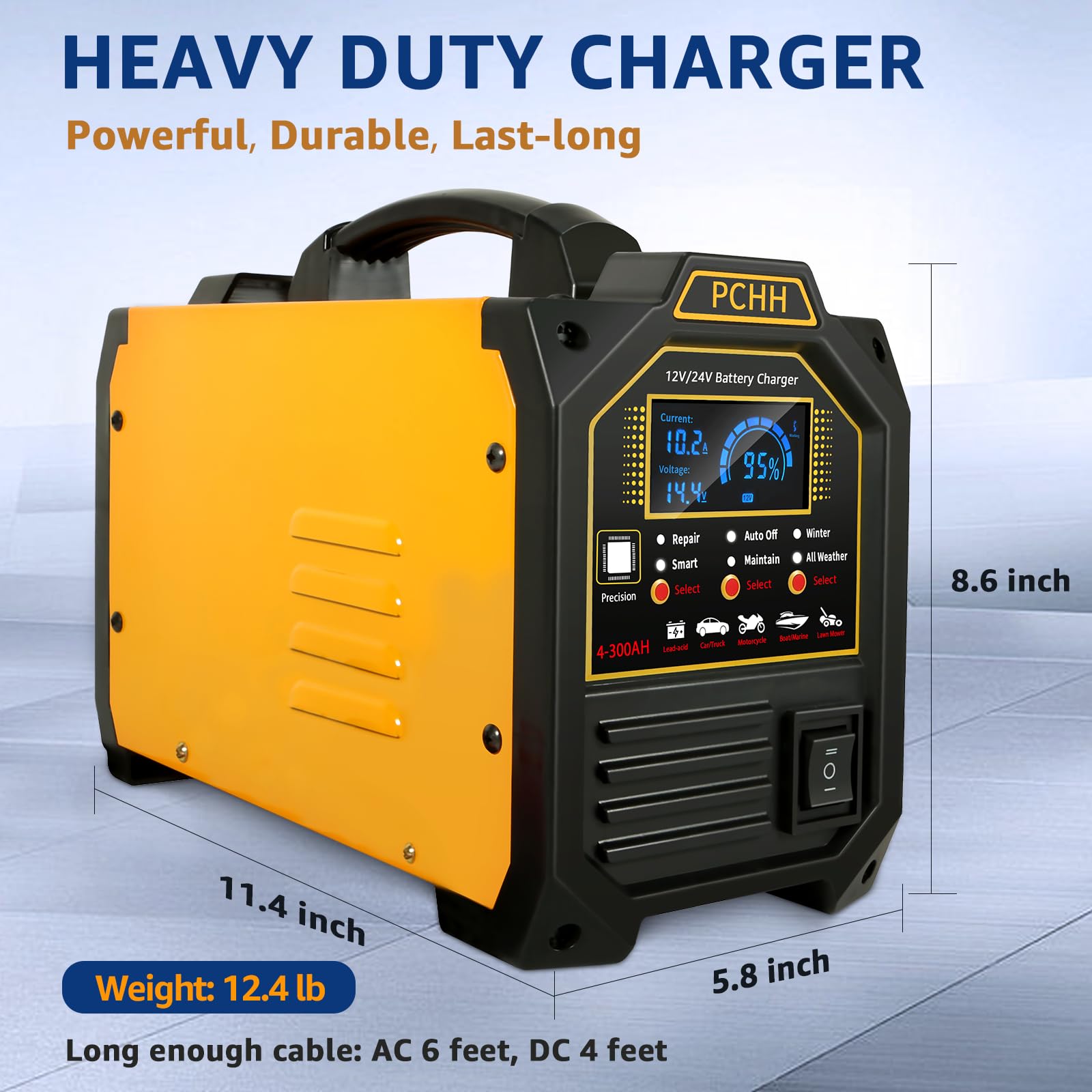 PCHH 12V 24V Car Battery Charger Heavy Duty, 0-15A Automatic Battery Maintainer, Smart Trickle Charger with Auto Shutoffs, Repair, Winter Mode, for Automotive Car Truck Motorcycle RV AGM Deep Cycle