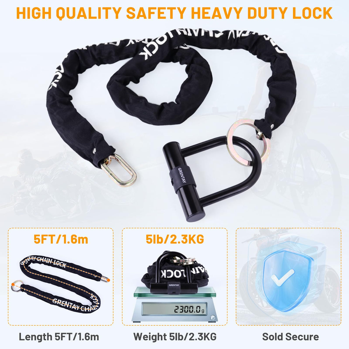Combo Bike Chain Locks, Heavy Duty Security Chains, 5 Feet Long, 50mm Steel Chain Anti-Theft Bicycle Chain Lock, Durable Cut Proof Security Bicycle Chain with 3Keys 14mm U Lock for Bicycle&E-Bike