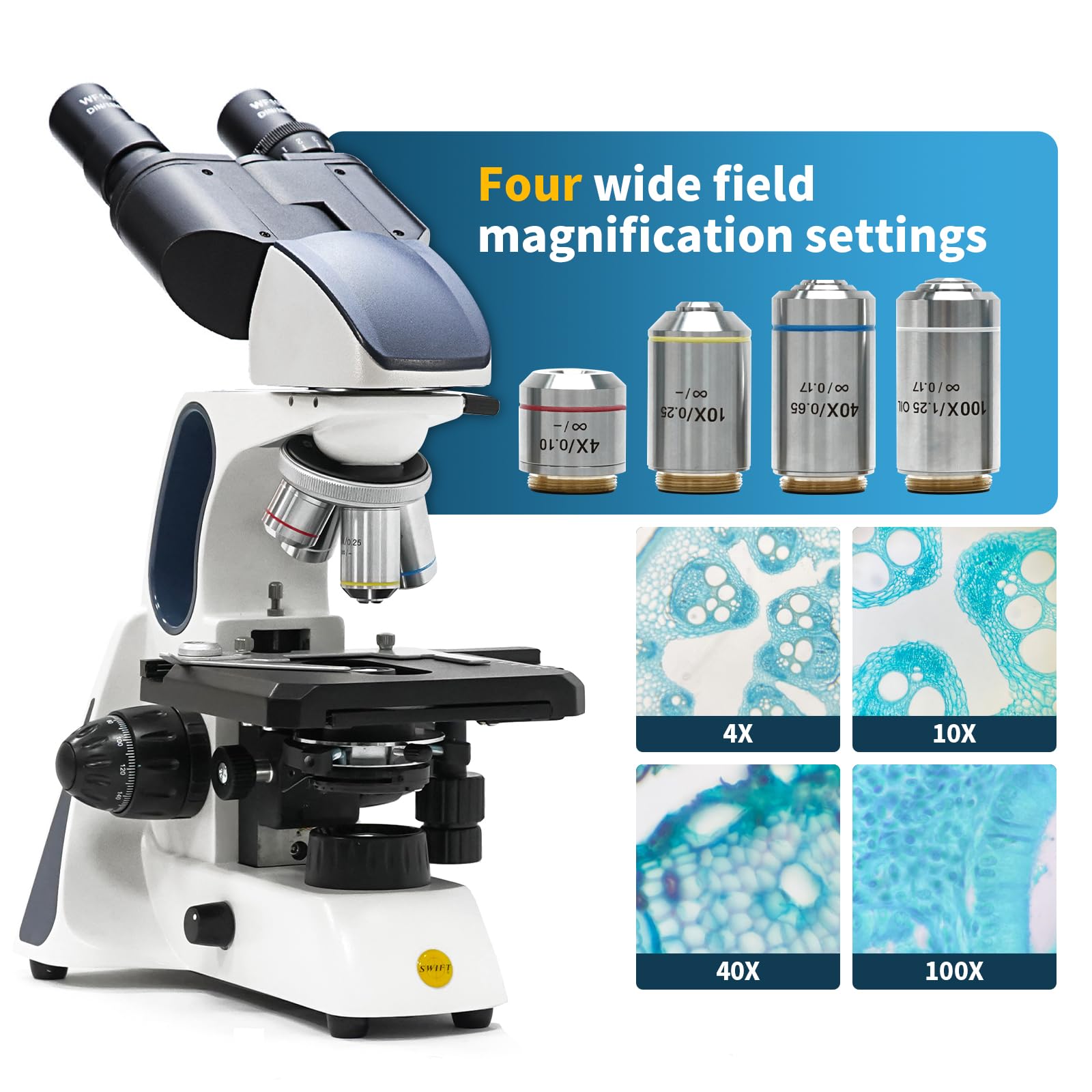 Swift SW400 Compound Binocular Microscope, 40X-2500X Magnification, Infinity Optical System, Wide-Field 10X/25X Eyepieces, Ultra-Precise Focusing, Mechanical Stage, Research-Grade Lab Microscope