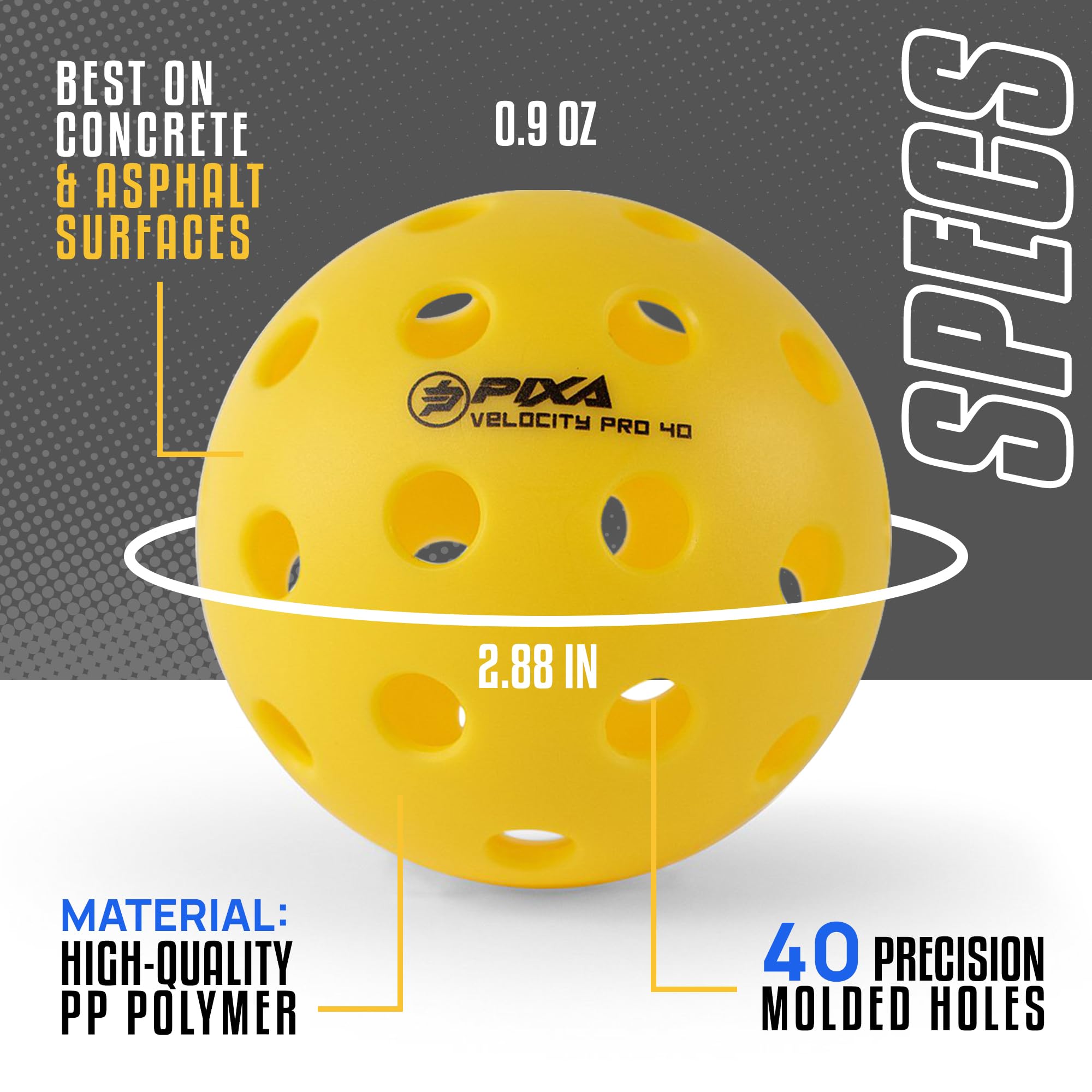 PIXA Velocity Pro 40 Injection Molded Outdoor Pickleball - USAPA Approved, Tournament Play, Durable Outdoor Pickleballs, Consistent Bounce, Smooth Flight, Competitive Play- Bright Yellow, Pack of 3