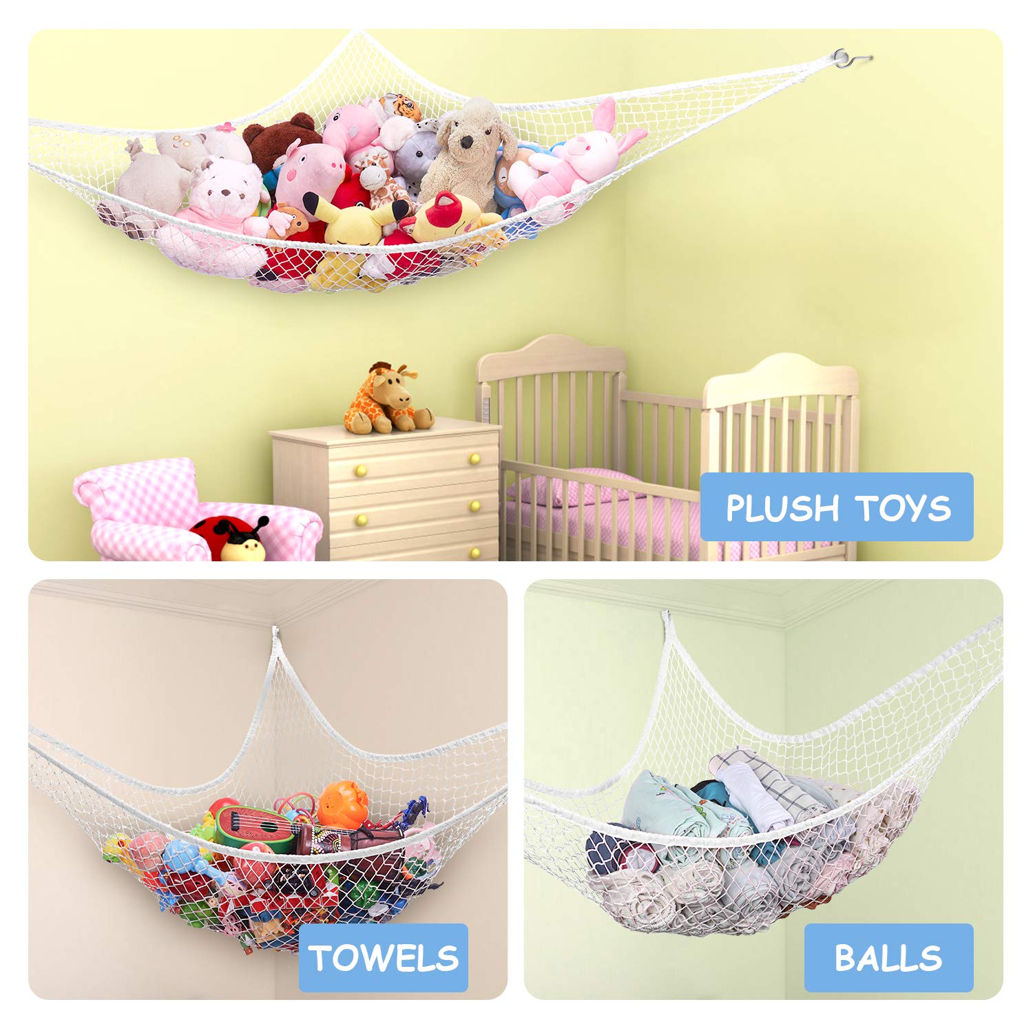 Stuffed Animal Hammock, Toy Hammock Storage Net, LXUNYI Mesh Toy Net Holder Jumbo Wall Corner Giant Baby Kids Children Stuff animals Hammocks Net Organizer for Bedroom (White, 70 inch)