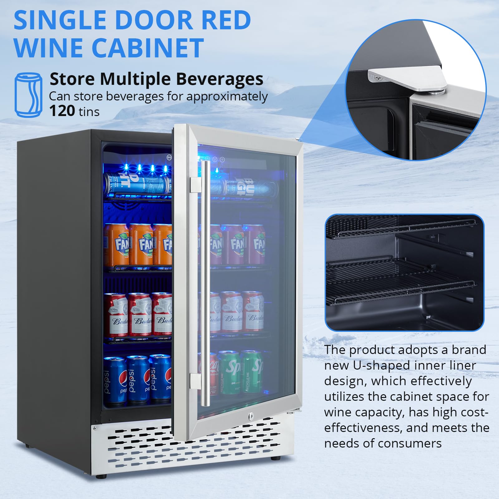 GarveeHome Beverage Refrigerator, 120 Cans Capacity, Built-in/Freestanding Cooler, Digital Control, Under Counter Beer Fridge with Glass Door, Safety Locks, Removable Racks, for Kitchen, Bar, Office