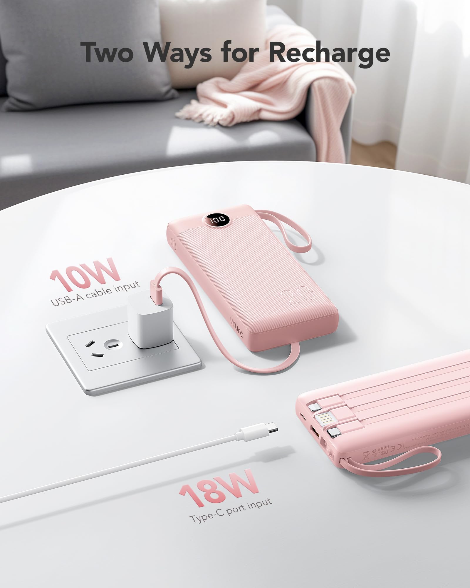 VRURC Portable Charger, 20000mAh Power Bank Fast Charging, Built-in Micro & USB C Three Cables, 4 Output 2 Input LED Display Charging Bank for iPhone, Samsung, Android etc-Pink (1 Pack)