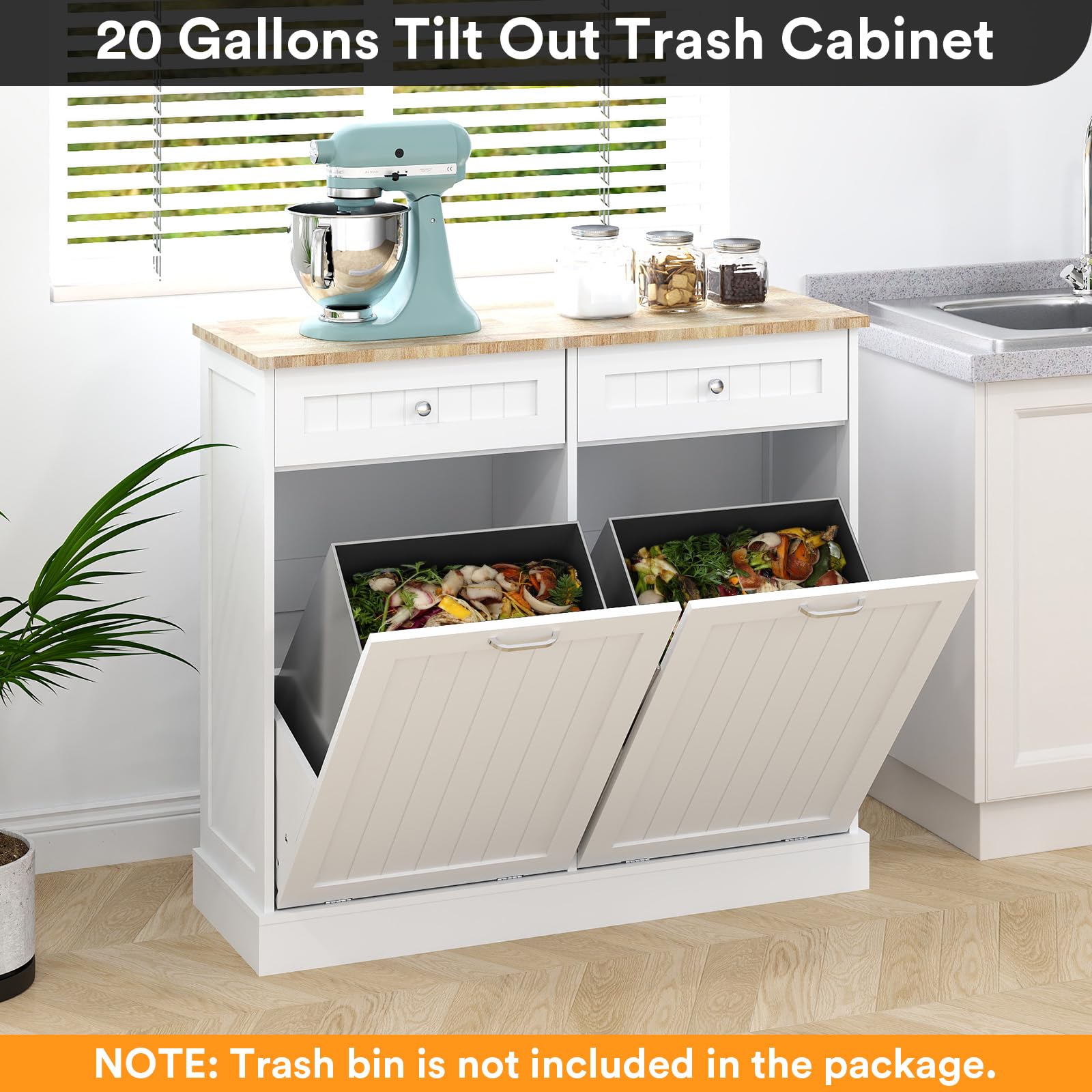 Rovibek Double Tilt Out Trash Cabinet with Storage Drawer Multifunctional Hidden Garbage Can for Kitchen, Bathroom, Laundry and Living Room, White