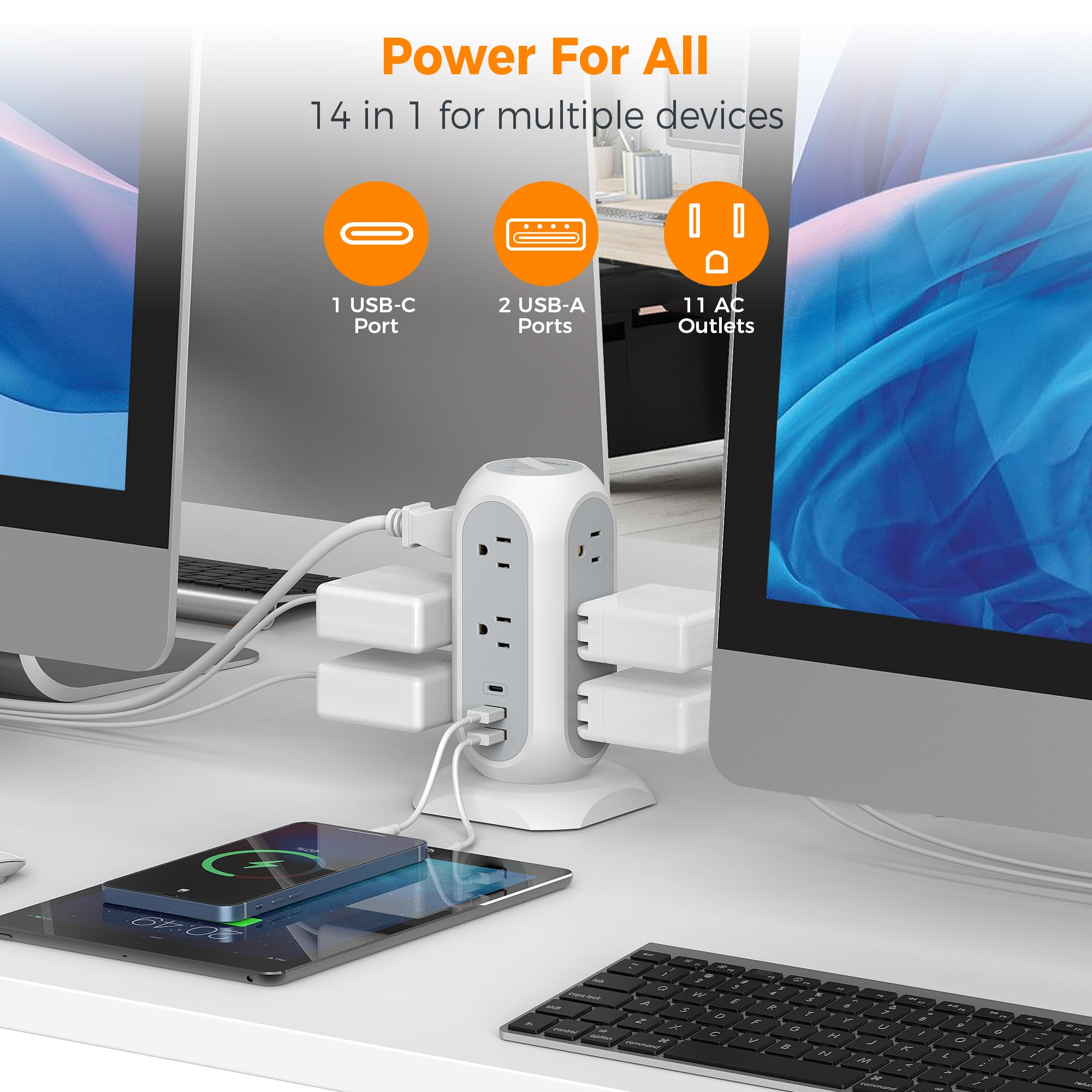 Tower Power Strip Flat Plug with 11 Outlets 3 USB (1 USB C), TESSAN Surge Protector Tower 1625W/13A,1050J Protection, 6 Feet Extension Cord with Multiple Outlets, Office Desk Supplies, Dorm Essentials