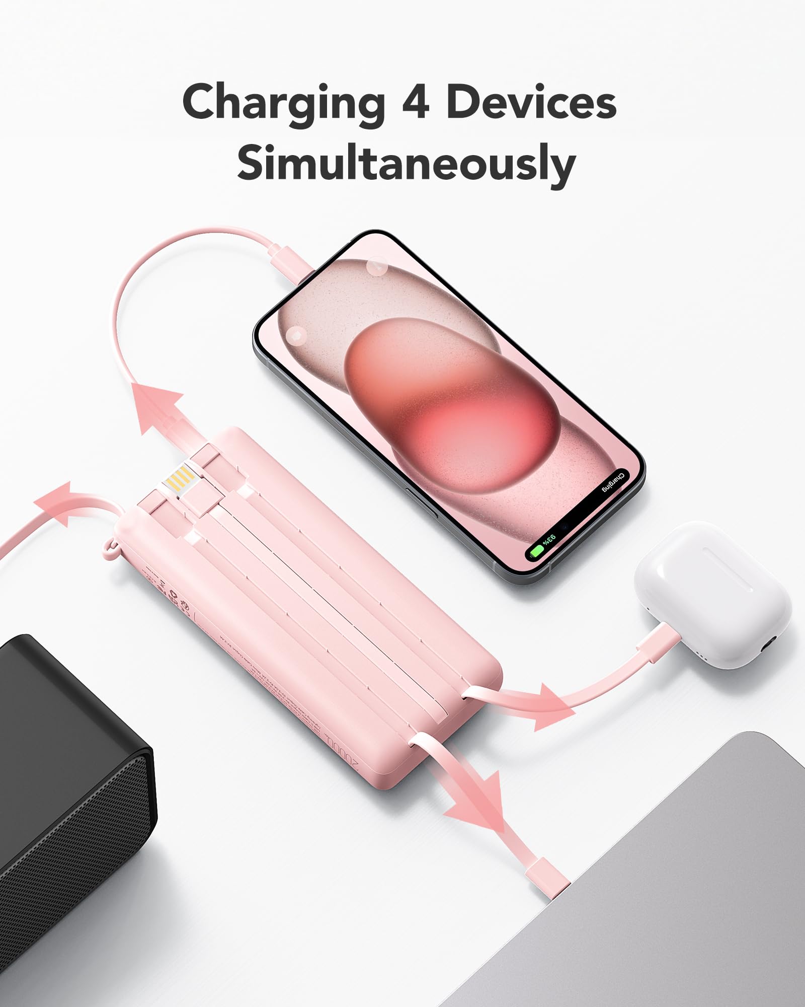 VRURC Portable Charger, 20000mAh Power Bank Fast Charging, Built-in Micro & USB C Three Cables, 4 Output 2 Input LED Display Charging Bank for iPhone, Samsung, Android etc-Pink (1 Pack)