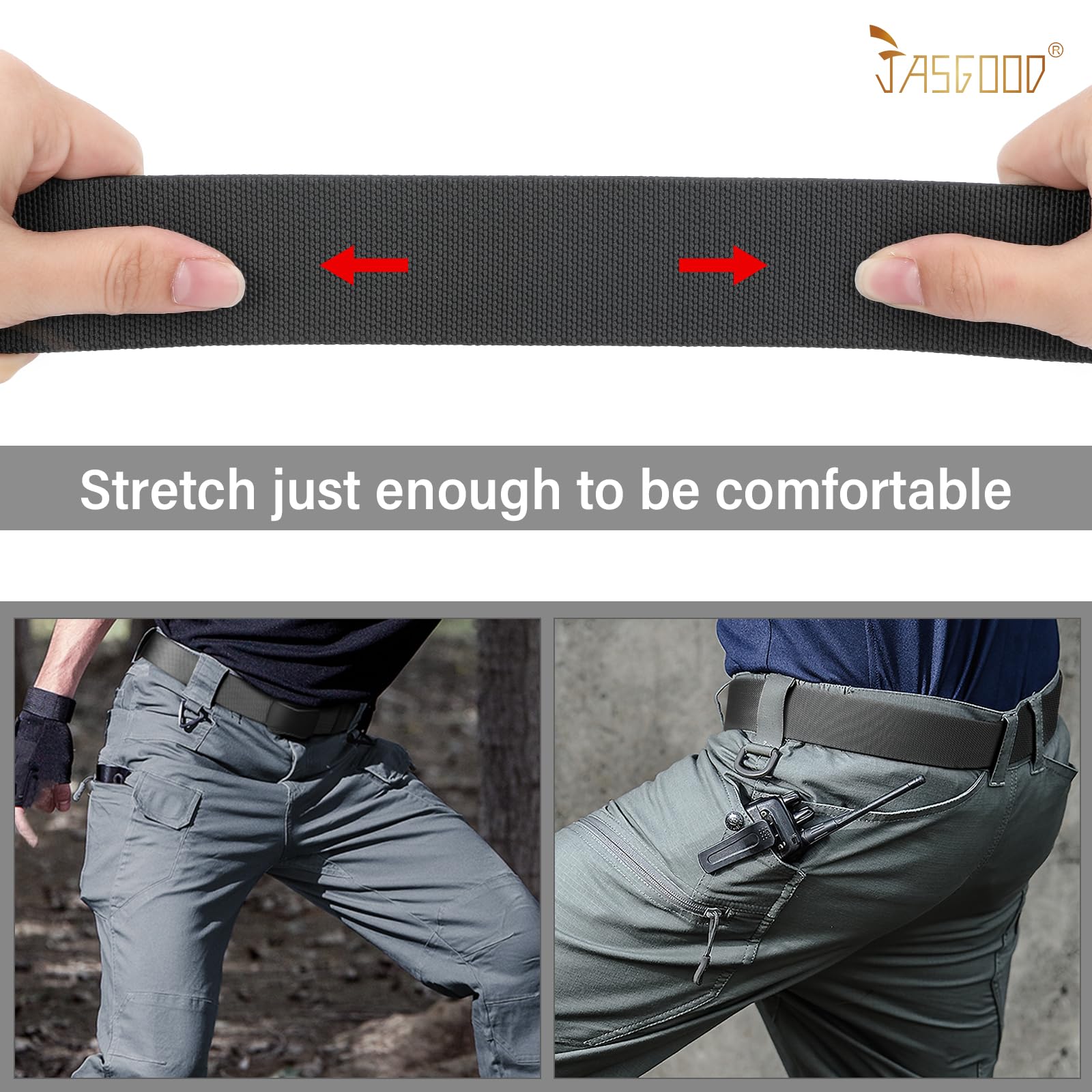 JASGOOD 2 Pack Men Belt Military Tactical Stretch Nylon Belt for Pants Webbing Belt for Hiking Hunting,Black+Grey