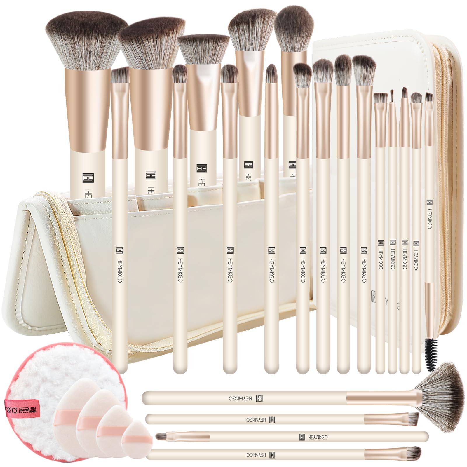 HEYMKGO Makeup Brushes 22Pcs Makeup Brush Set Professional Premium Synthetic Foundation Contour Concealer Eyeshadow Make up Brushes with Case Makeup Remover Pads Makeup Puffs