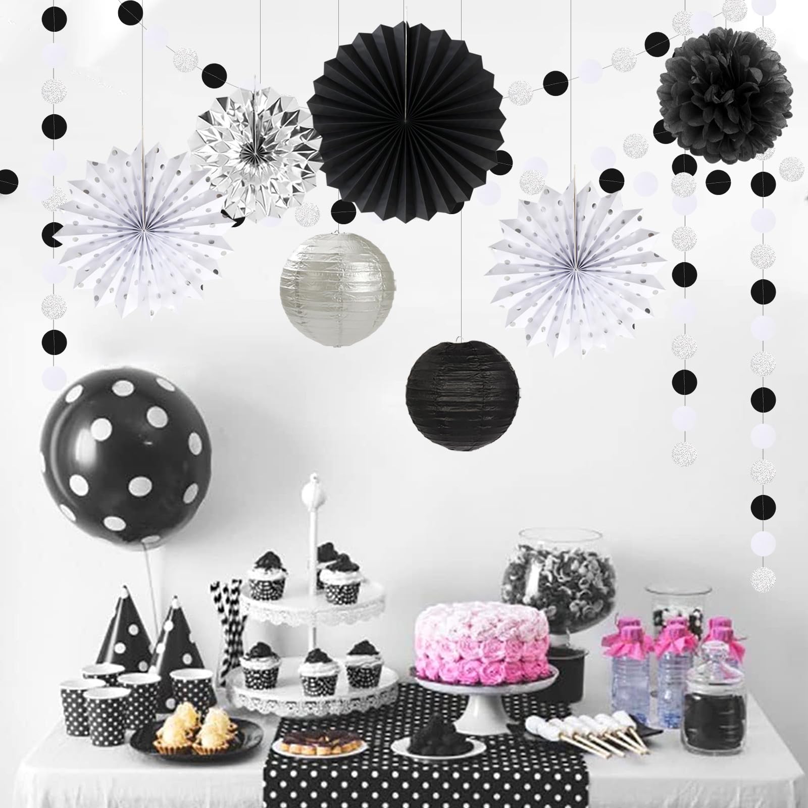 Black White Silver Party-Decorations Streamers-Lanterns - 14pc New Years Graduation 2024 Paper Fan, Bachelorette Birthday Wedding Baby Bridal Shower Tissue Pom Poms,Honeycomb Balls Decor Ouruola