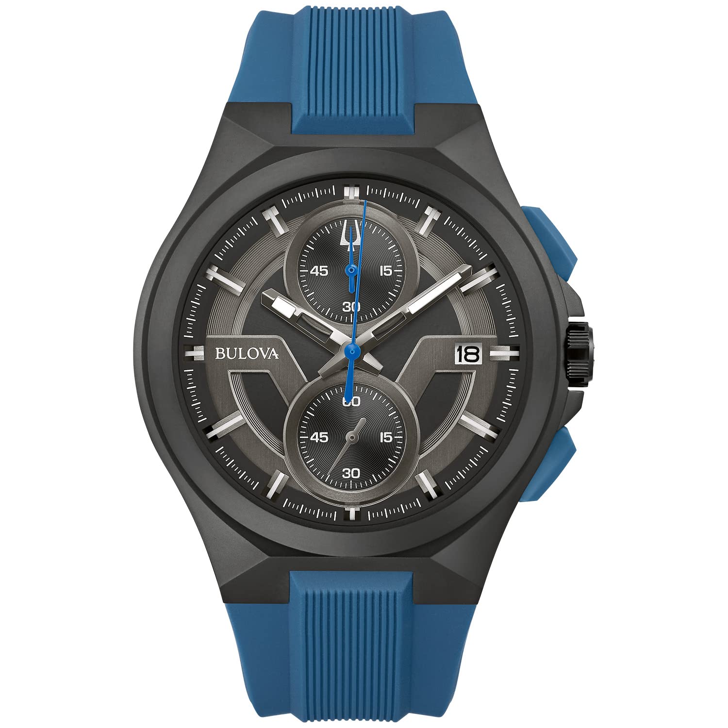 Bulova Men's Maquina Sport Black Ion-Plated Stainless Steel Case, 6-Hand Chronograph Quartz Watch with Matte Black Silicone Strap, Sapphire Crystal, Blue Strap/Blue Accents