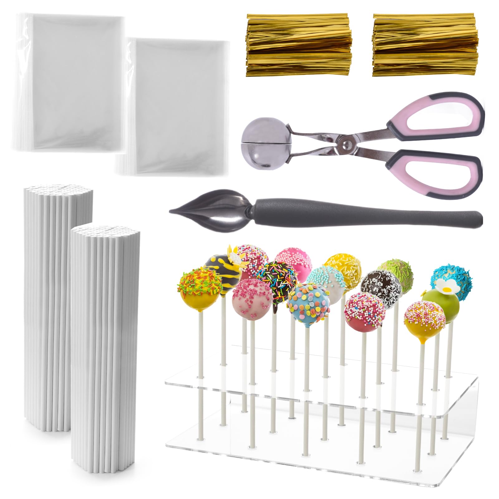 OKAHUOCHUANG Cake Pop Maker Kit Including Lollipop Sticks and Clear Acrylic Display Stand, Culinary Decorating Scooper, Clear Parcel Bags,Twist Ties, Metal Meat Baller