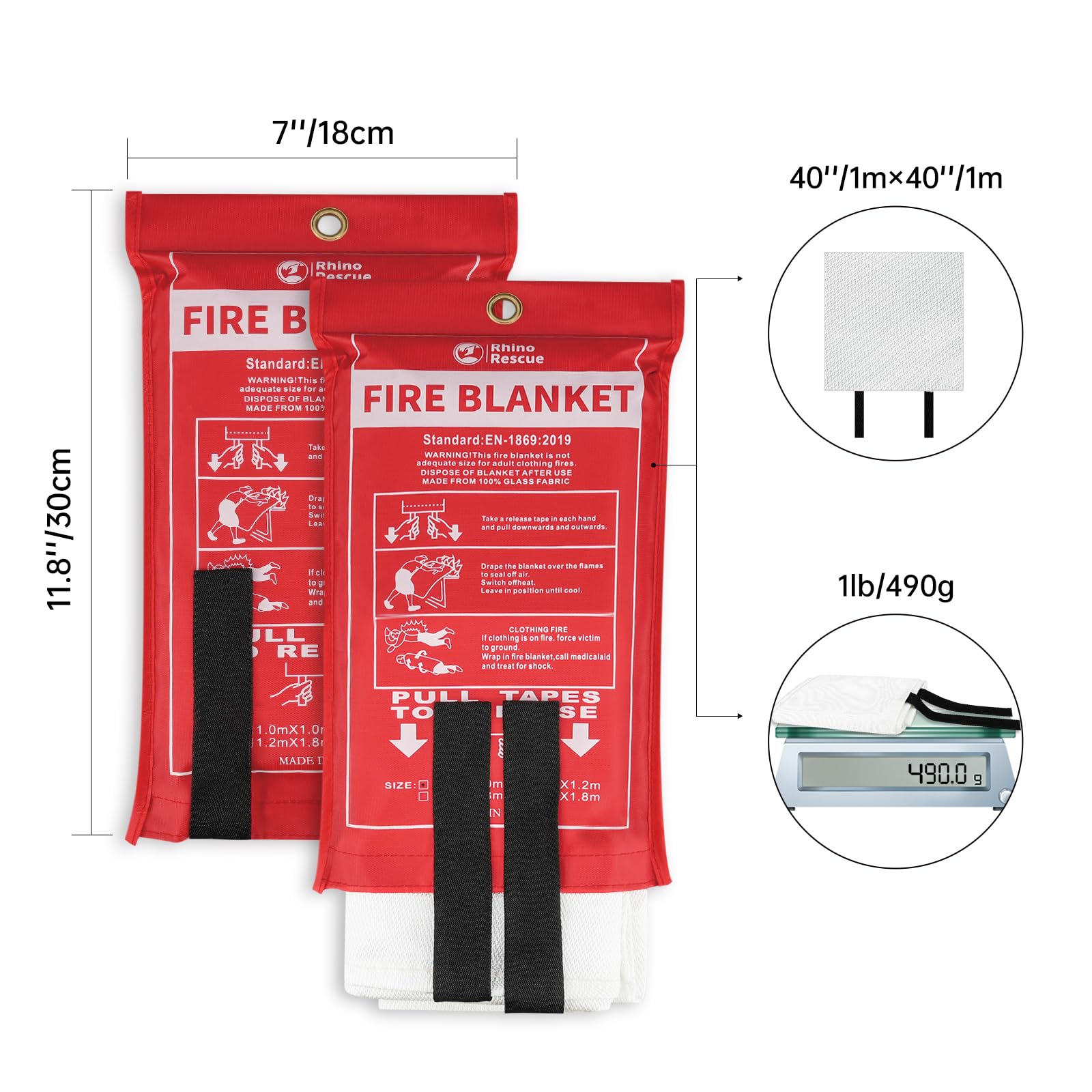 RHINO RESCUE Fire Blanket, 40''×40'' Fiberglass Emergency Fireproof Gear, Flame Retardant Protection for Home, Kitchen, Camping, Hiking, 4 Count