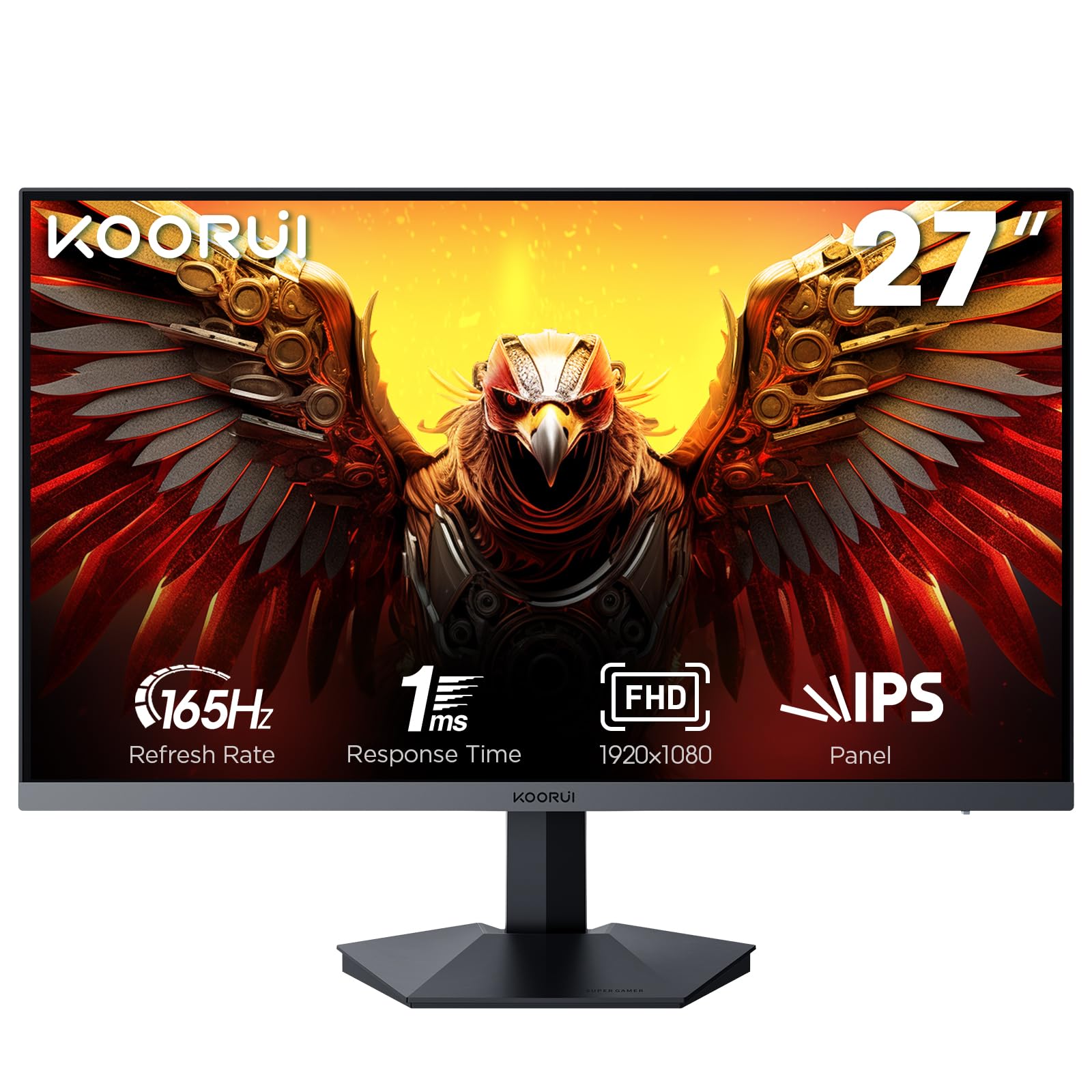 KOORUI 27" Gaming Monitor, 165Hz, IPS, FHD 1920 x 1080 1ms with Adaptive Sync, 75x75 mm VESA Mountable, Tilt adjustable, 2 x HDMI 2.0 & DisplayPort 1.4, GN06, Black