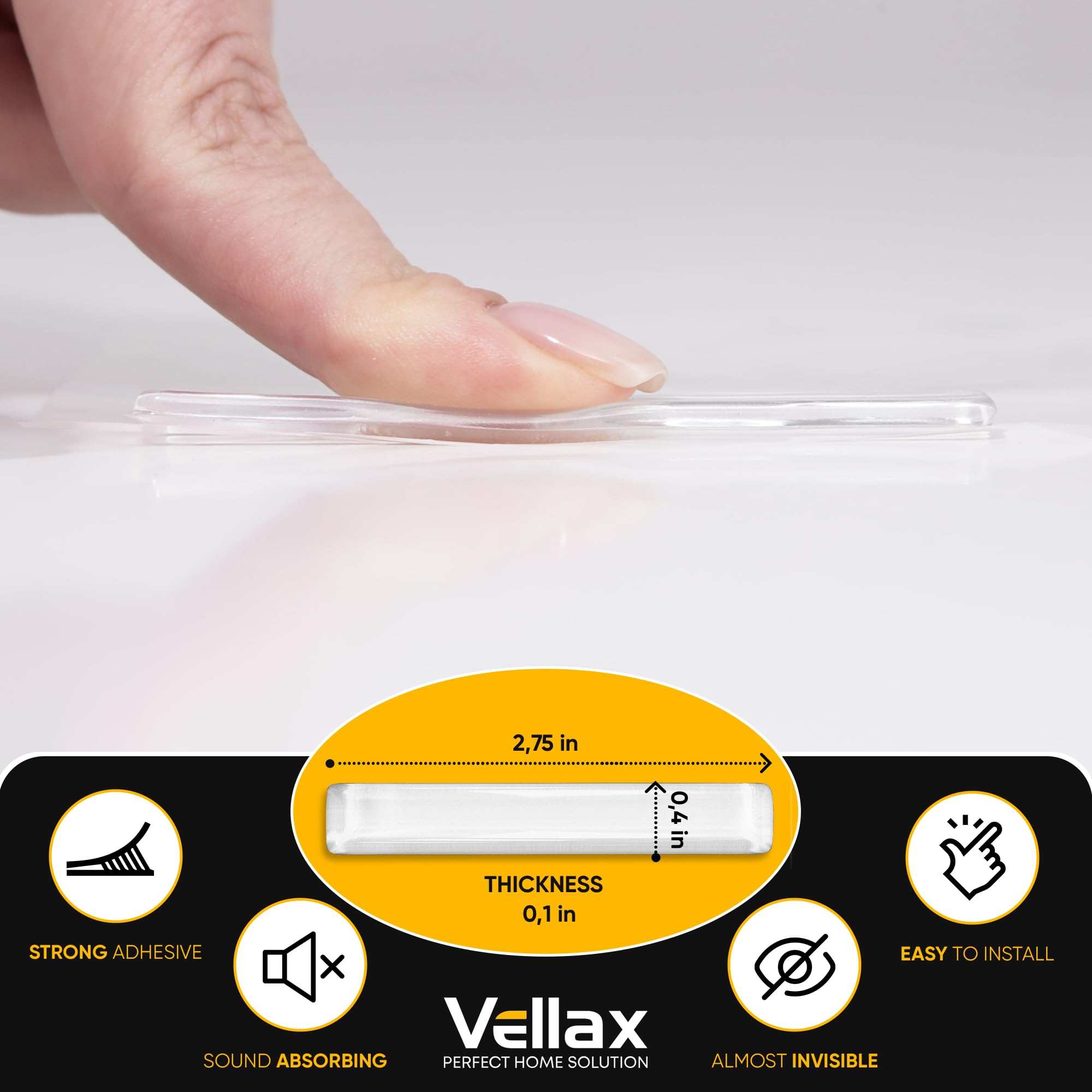 20 Clear Silicone Bumper Strips – 2.8" x 0.4" Anti-Slip Pads for Cabinets, Glass Table Tops, and Chairs – Wall Protector & Soft-Close Noise Dampening Pads by Vellax