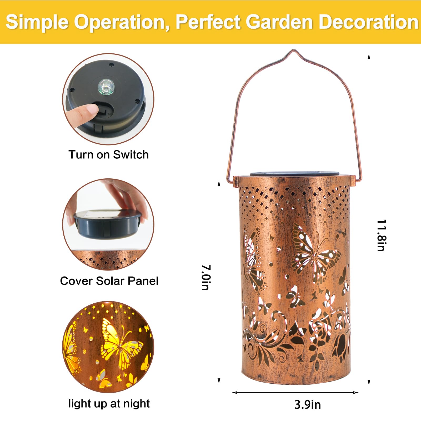 Butterfly Solar Lanterns Outdoor Hanging, Hollowed-Out Metal Waterproof LED Garden Decor Light for Patio Yard Pathway Lawn Front Porch, Christmas Thanksgiving Birthday Gifts for Women Mom Grandma