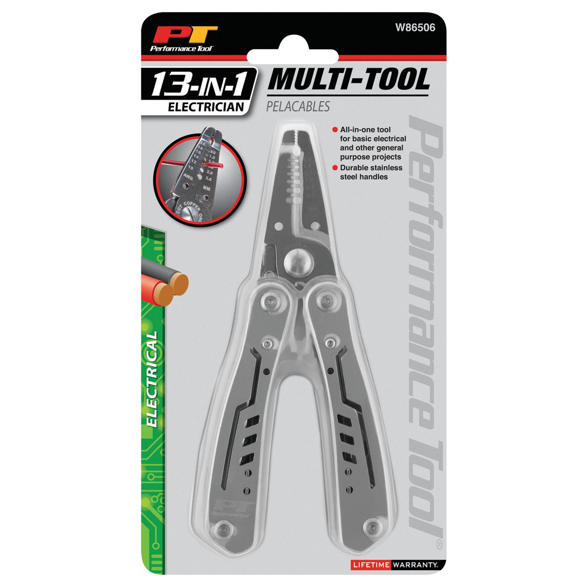 Performance Tool W86506 13-in-1 Electrician Multi-Tool (Wire Strippers, Long Nose Pilers, Wire Cutters and more) Strip & Cut 10 to 18 AWG Solid Wire