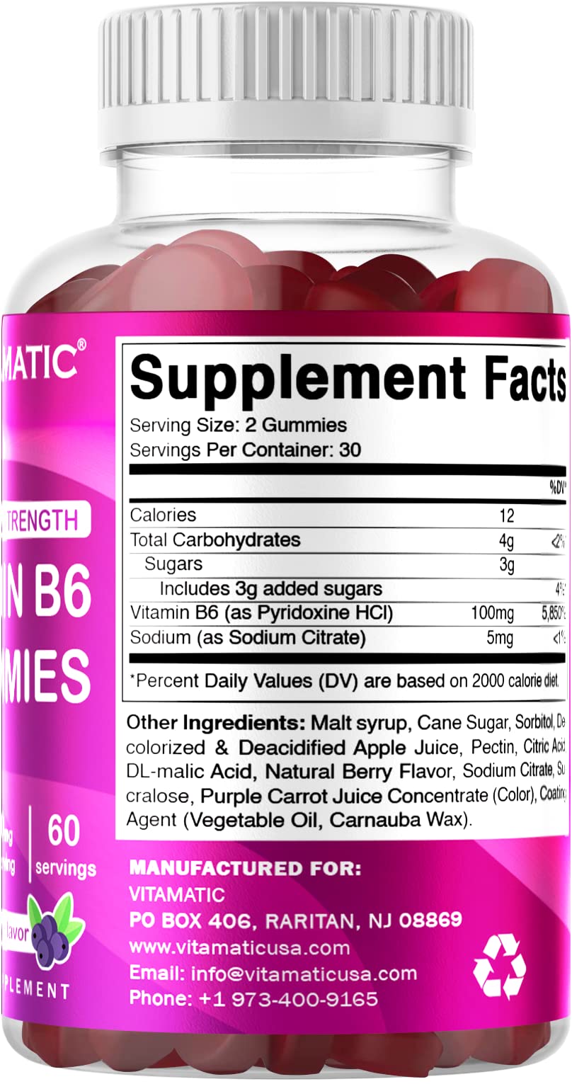 Vitamatic 2 Packs Vitamin B6 100mg - Berry Flavor - 60 Pectin Based Gummies - Supports Nervous System