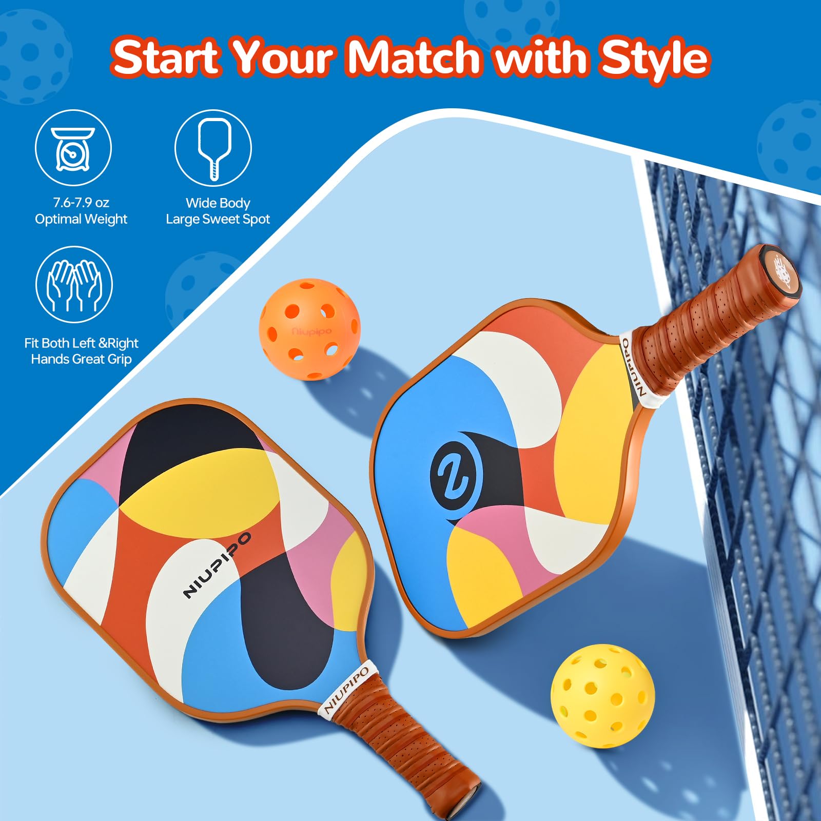 niupipo Pickleball Paddles, Fiberglass Surface Pickleball Set, Lightweight Pickleball Rackets Set with 2 Indoor & 2 Outdoor Pickleball Balls and 1 Bag, Pickle Ball Paddle Set of 2 for Men, Women