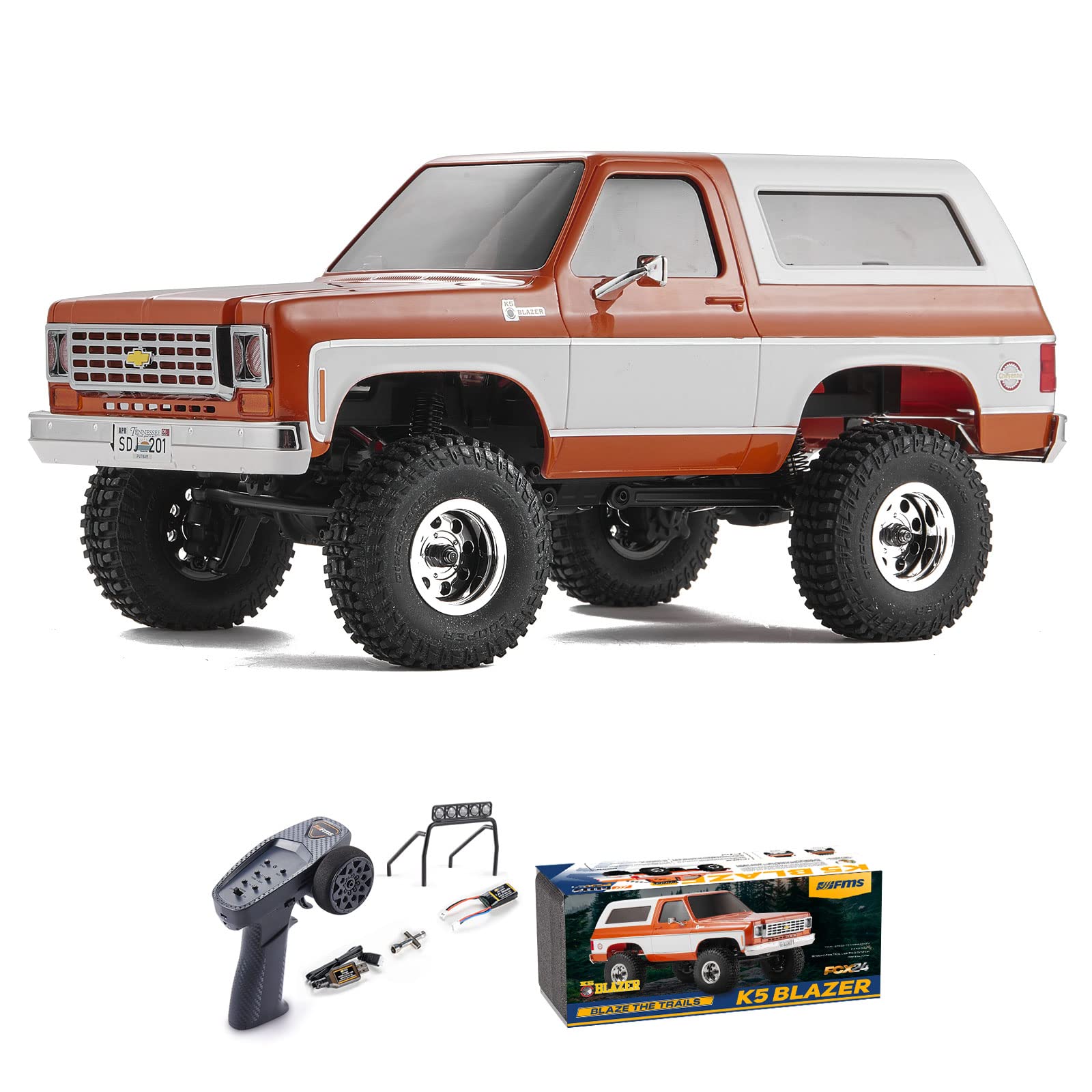 WOWRC FMS 1/24 RC Crawler FCX24 Chevy K5 Blazer Officially Licensed, Mini RC Car Pick Up Truck & SUV 2 in 1, 4WD 8km/h 2 Speeds Switch, 2.4GHz 3CH Off-Road RC Model with LED Lights for Adults, Orange