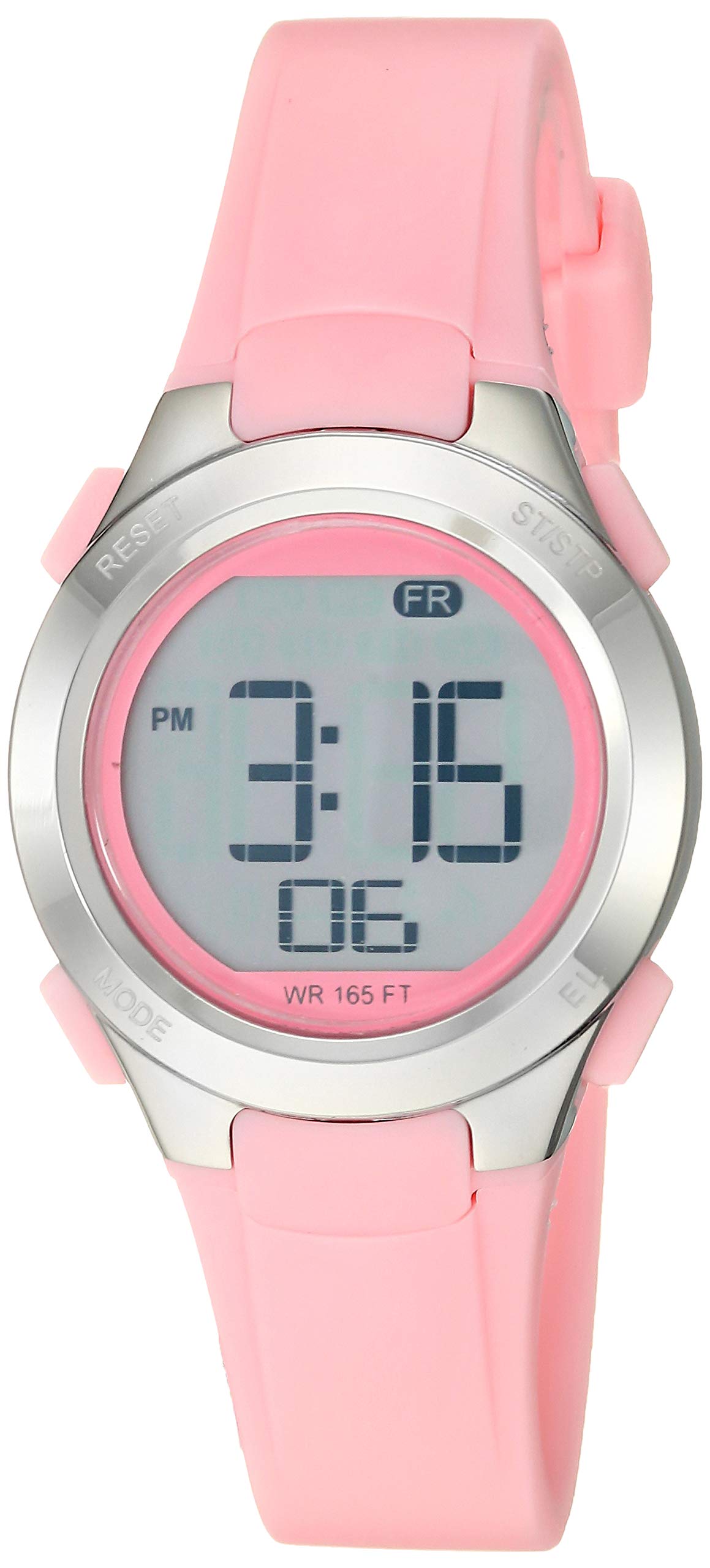 Amazon Essentials Women's Digital Chronograph Silver-Tone and Pink Resin Strap Watch