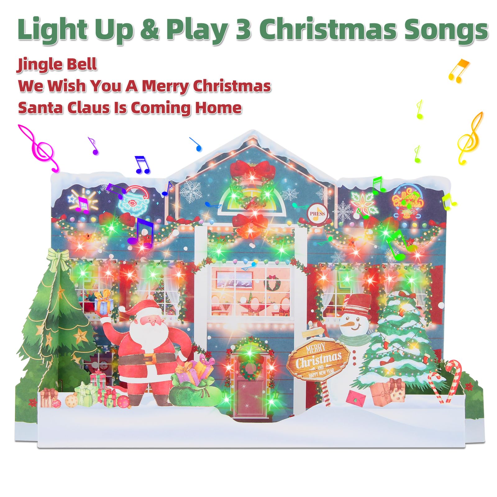 MZD8391 Musical & Lights Animated Christmas Home Cards, 3D Pop Up Christmas Cards, Playing 3 Christmas Songs with 3 Matching Lights Blinking Modes