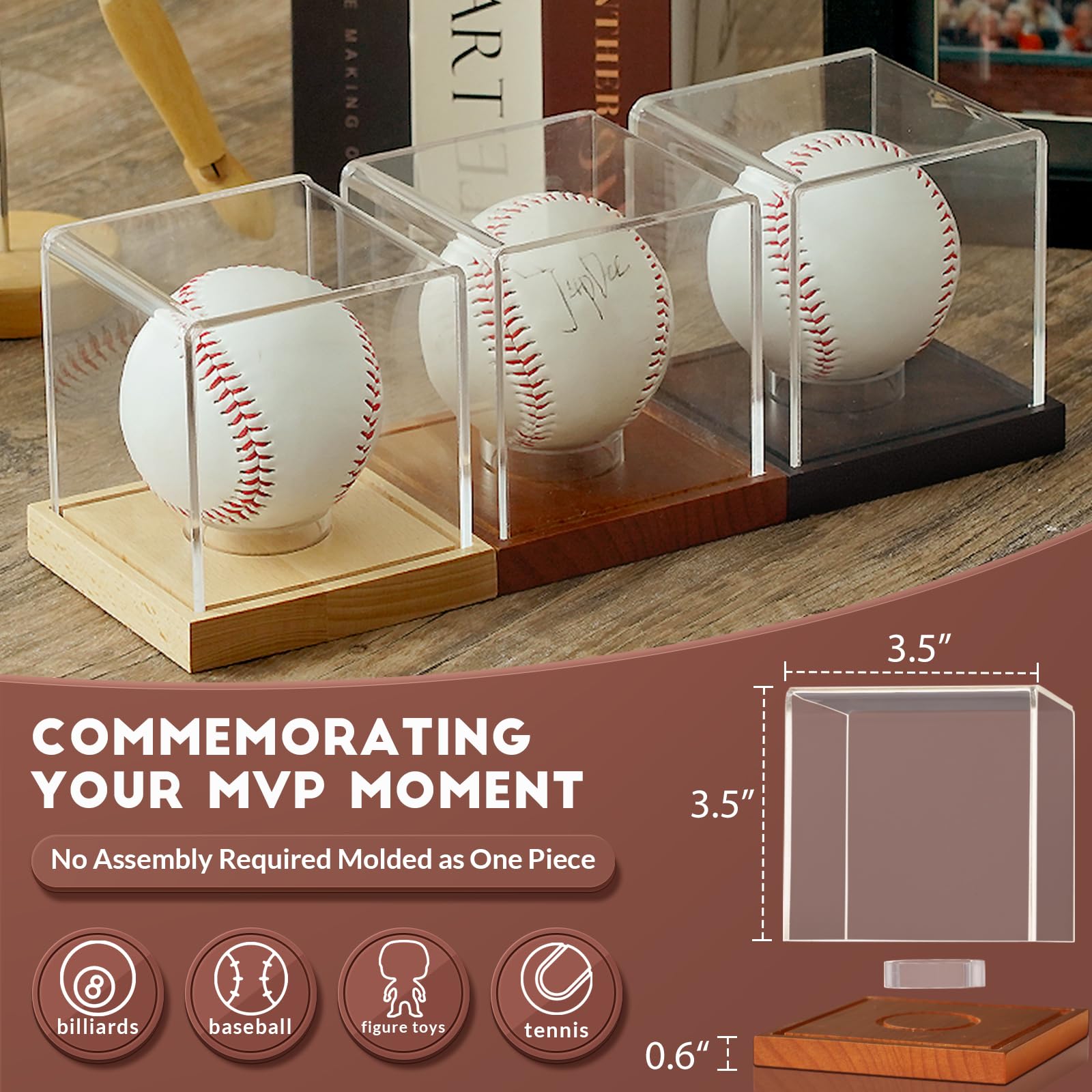 JupDec Baseball Display Case, Clear Cube Baseball Holder with Wooden Base, Autograph Baseball Stand Box for Single Ball, Acacia Wood, Brown, 1 Pack