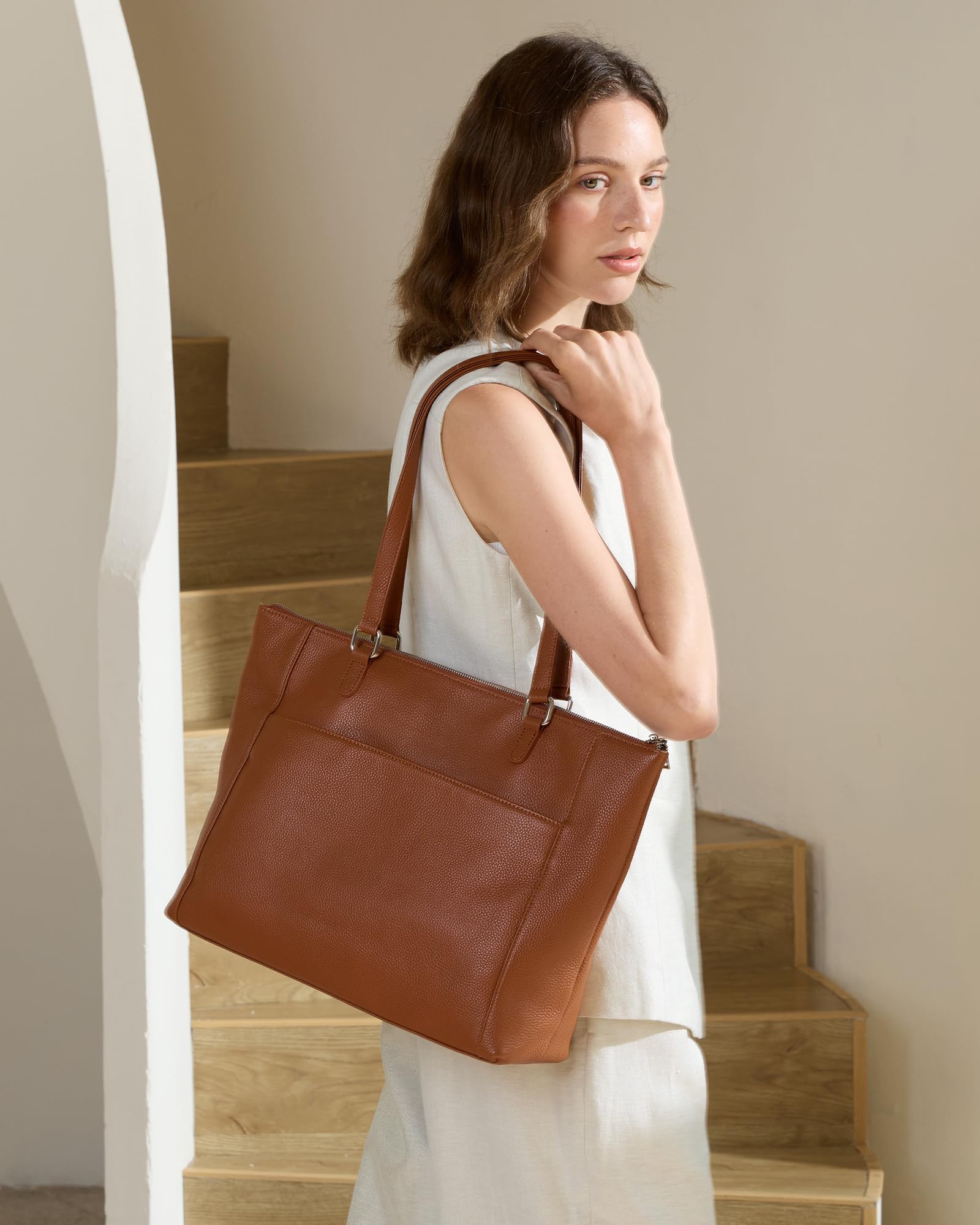 befen Genuine Leather Tote Bag for Women for Work, Brown Large Tote Purse, Women's Large Soft Leather Handbags and Shoulder Bags Satchel Handbags with Top Handles for Work Travel
