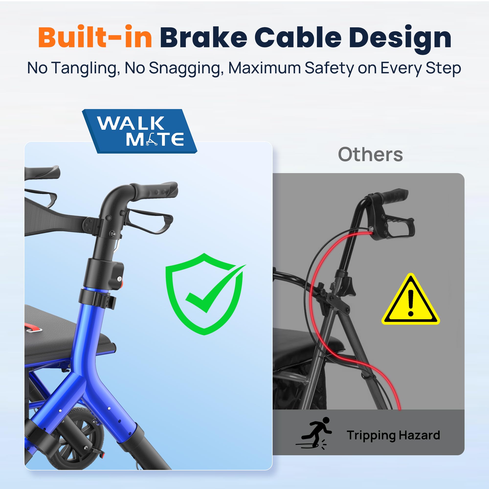 WALK MATE Rollator Walker for Seniors 5.3~7ft Tall, Height-Adjustable Seat, Built-in Cable, 10 Inch Wheels, 16.5 lb Lightweight & Compact Folding Design, 300 lb Capacity, Blue