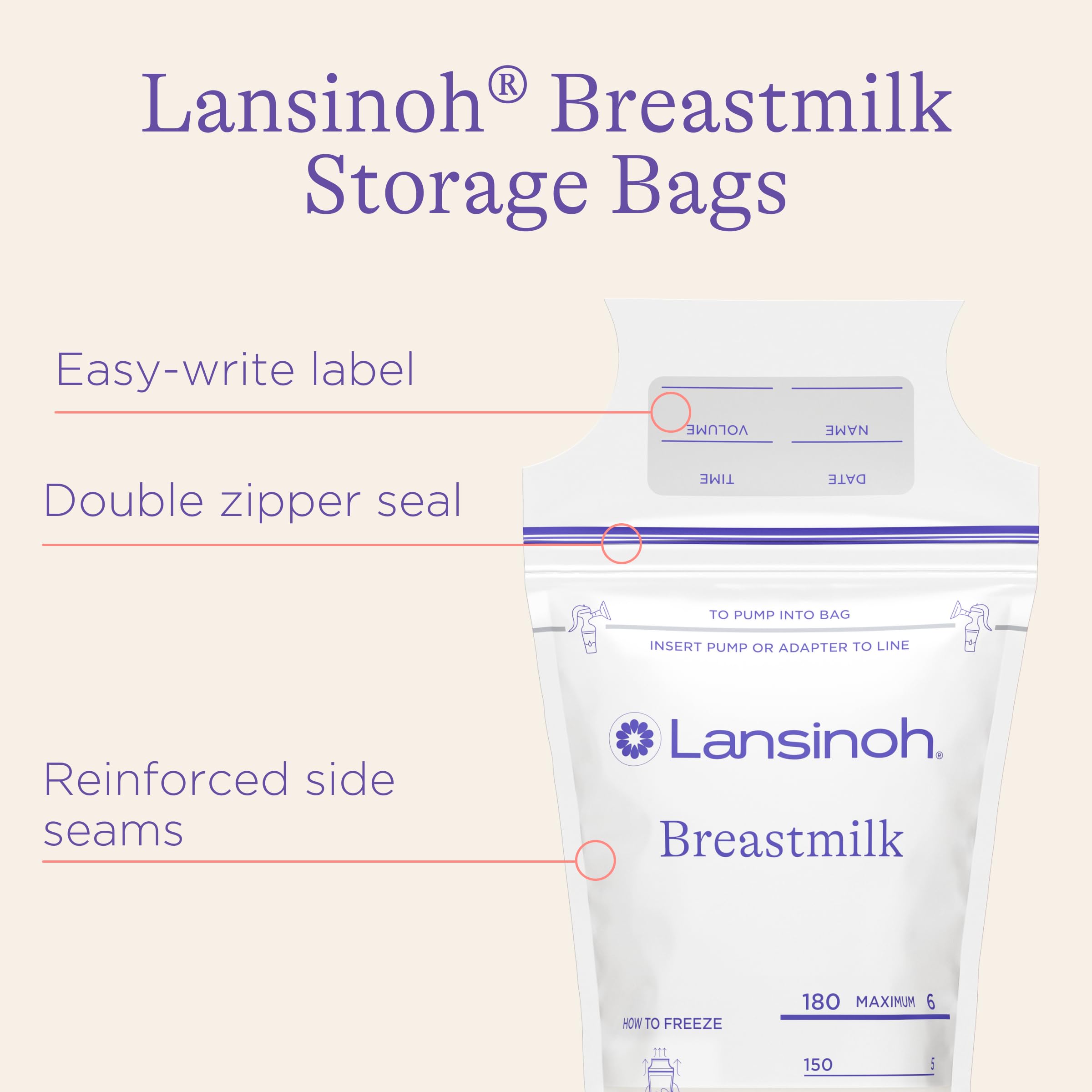 Lansinoh Breastmilk Storage Bags, 100 Count, Easy to Use Breast Milk Storage Bags for Feeding, Presterilized, Hygienically Doubled-Sealed for Refrigeration and Freezing, 6 Ounce