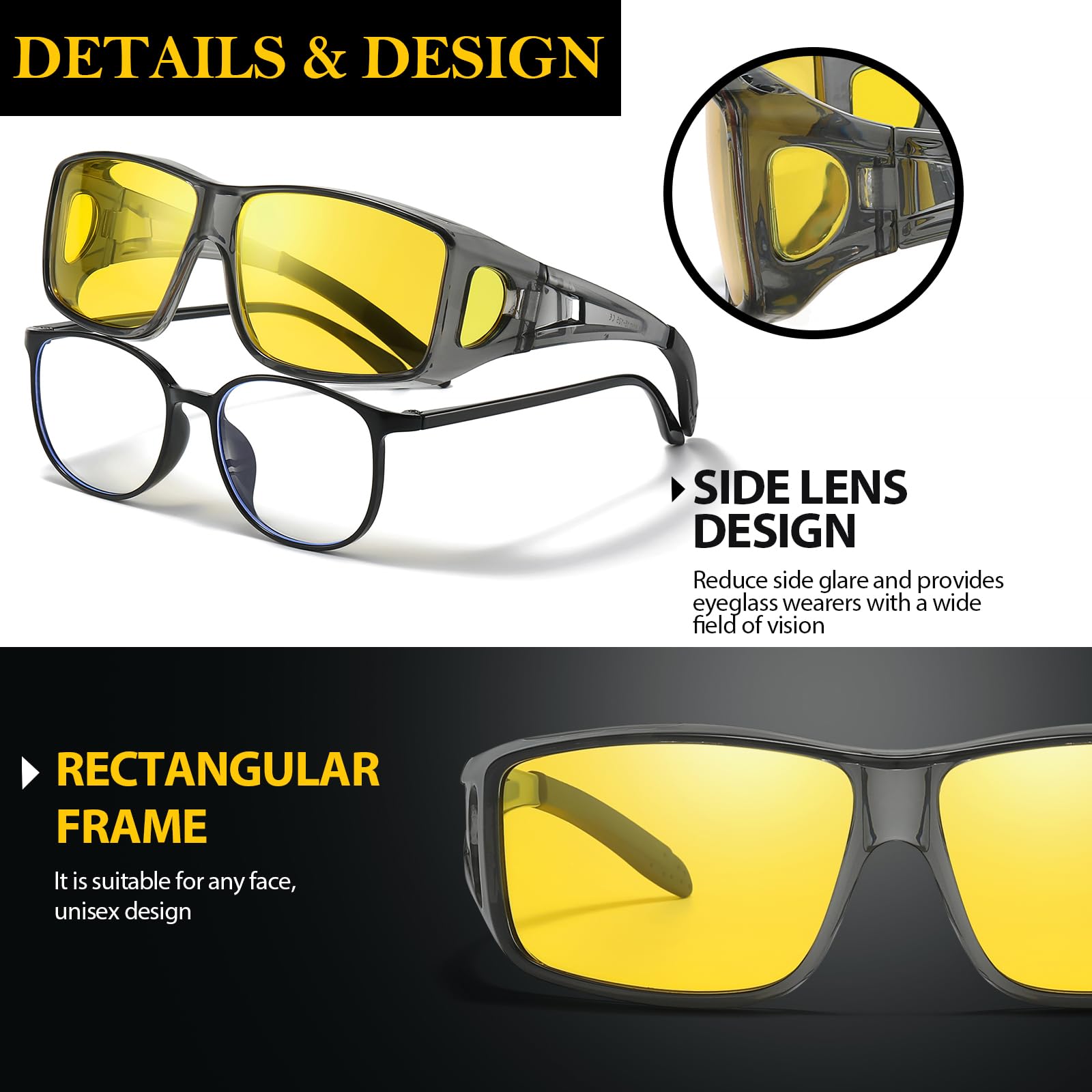 TJUTR Night Vision Driving Glasses Fit Over Eyeglasses for Men Women, Anti Glare Polarized Yellow Lens for Nighttime TN2512