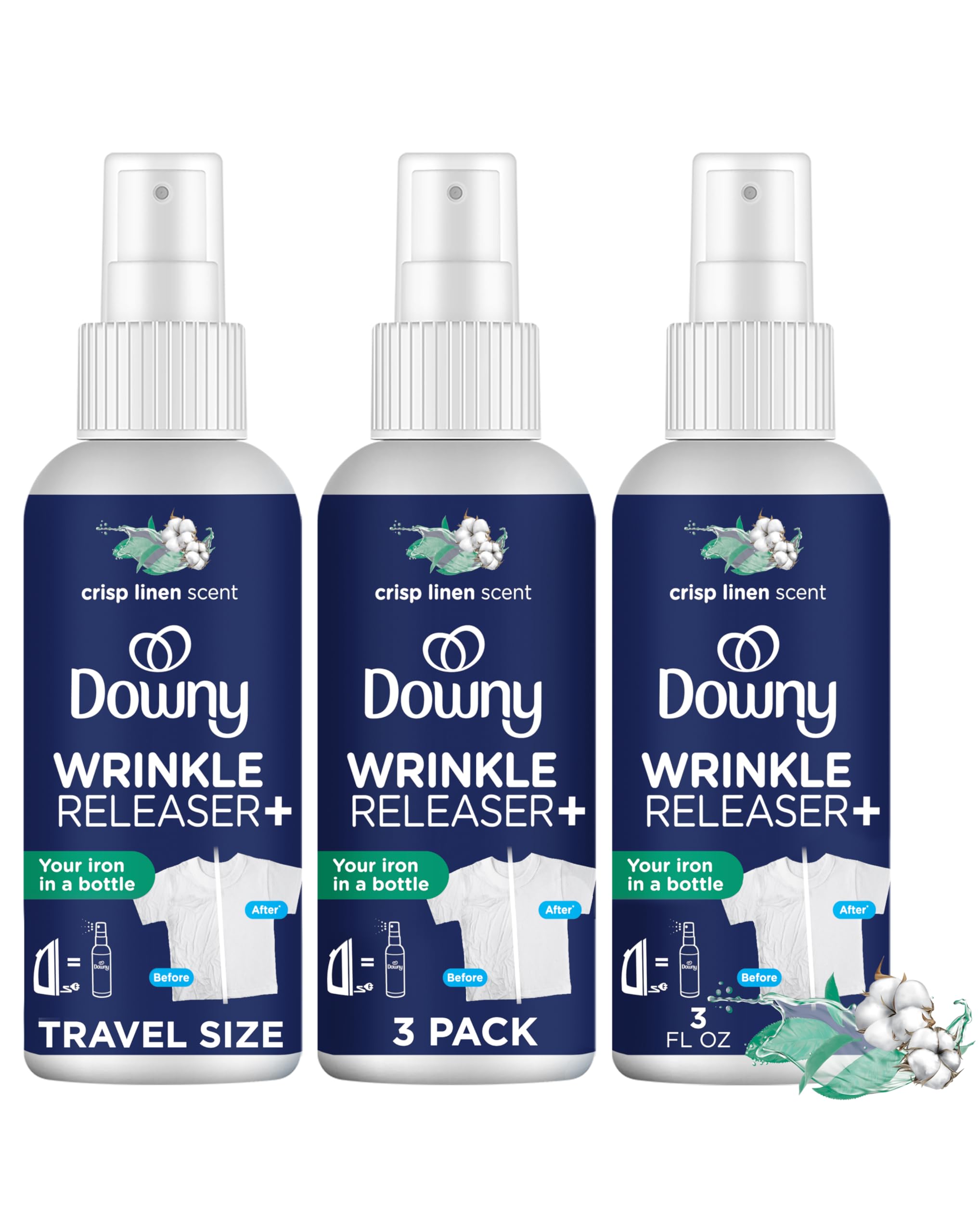 Downy Wrinkle Release Spray, Travel Size Spray, All In One Formula, Removes Wrinkles, Static and Odor Eliminator, Crisp Linen Scent, 3 Fl Oz, Pack of 3