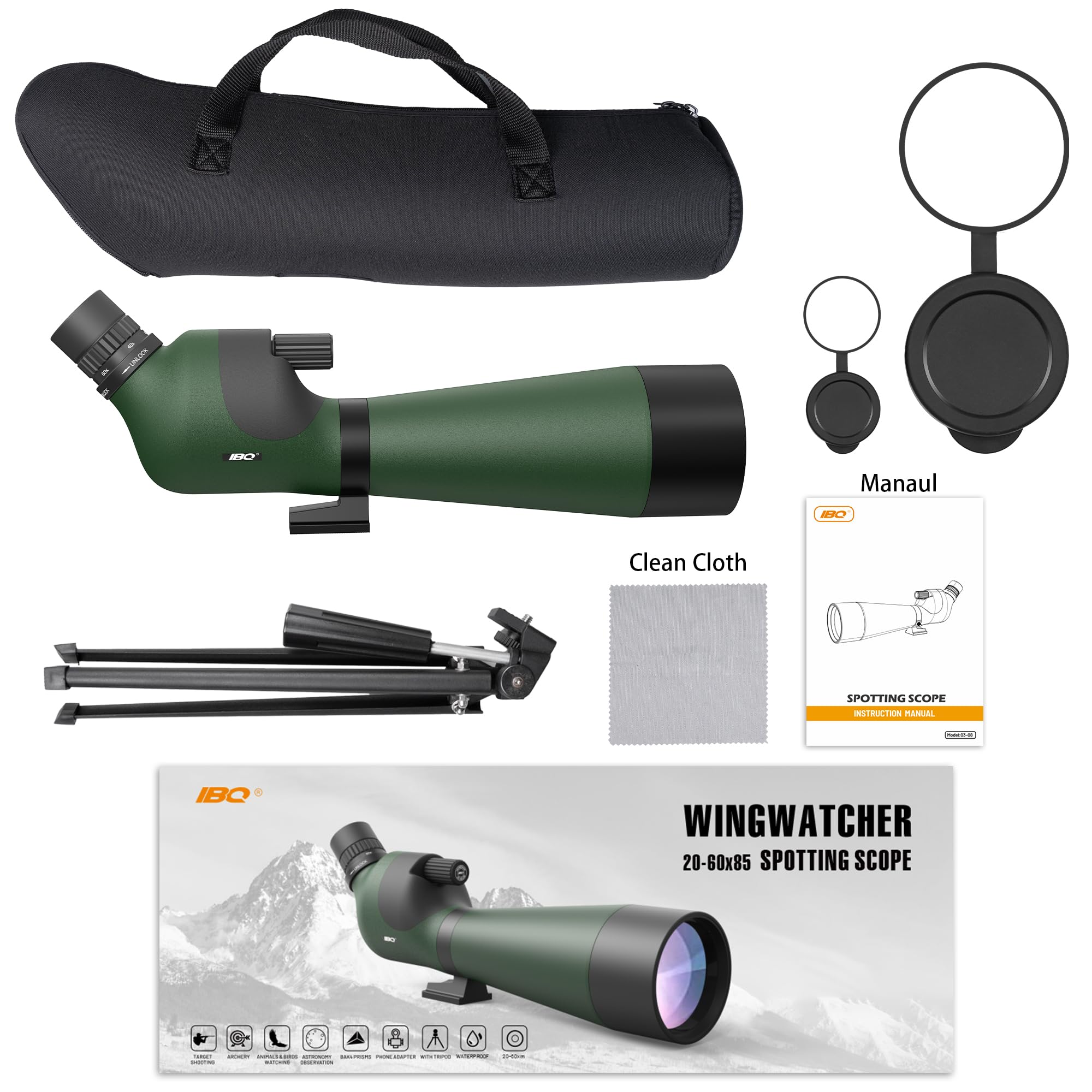 IBQ Spotting Scope, 20-60x85MM Spotting scopes for Target Shooting, Spotting scopes for Hunting, BAK4 High Definition Waterproof Spotter Scopes for Bird Watching,with Tripod