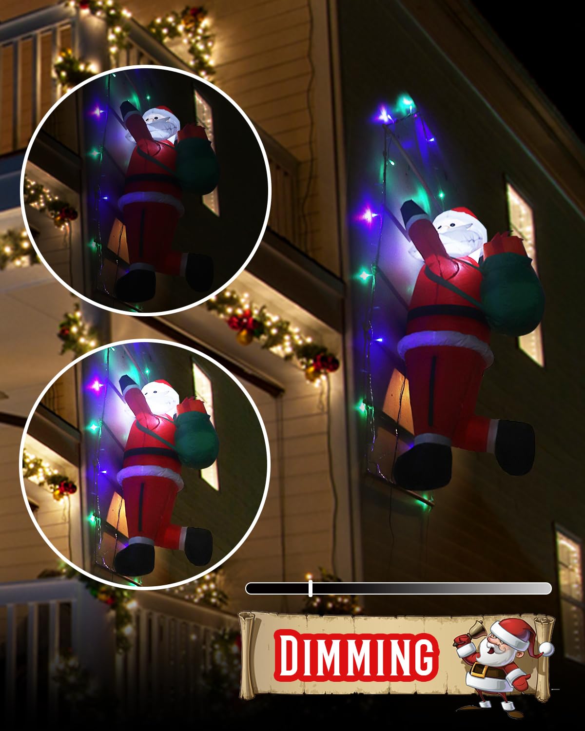 5FT Christmas Inflatable Santa Claus Has Built-in LED Light, Inflatable Santa Claus Ladder Lights with 8 Modes, Dimming, Christmas Decorations Lights for Window Wall Garden Outdoor Indoor Holiday Xmas