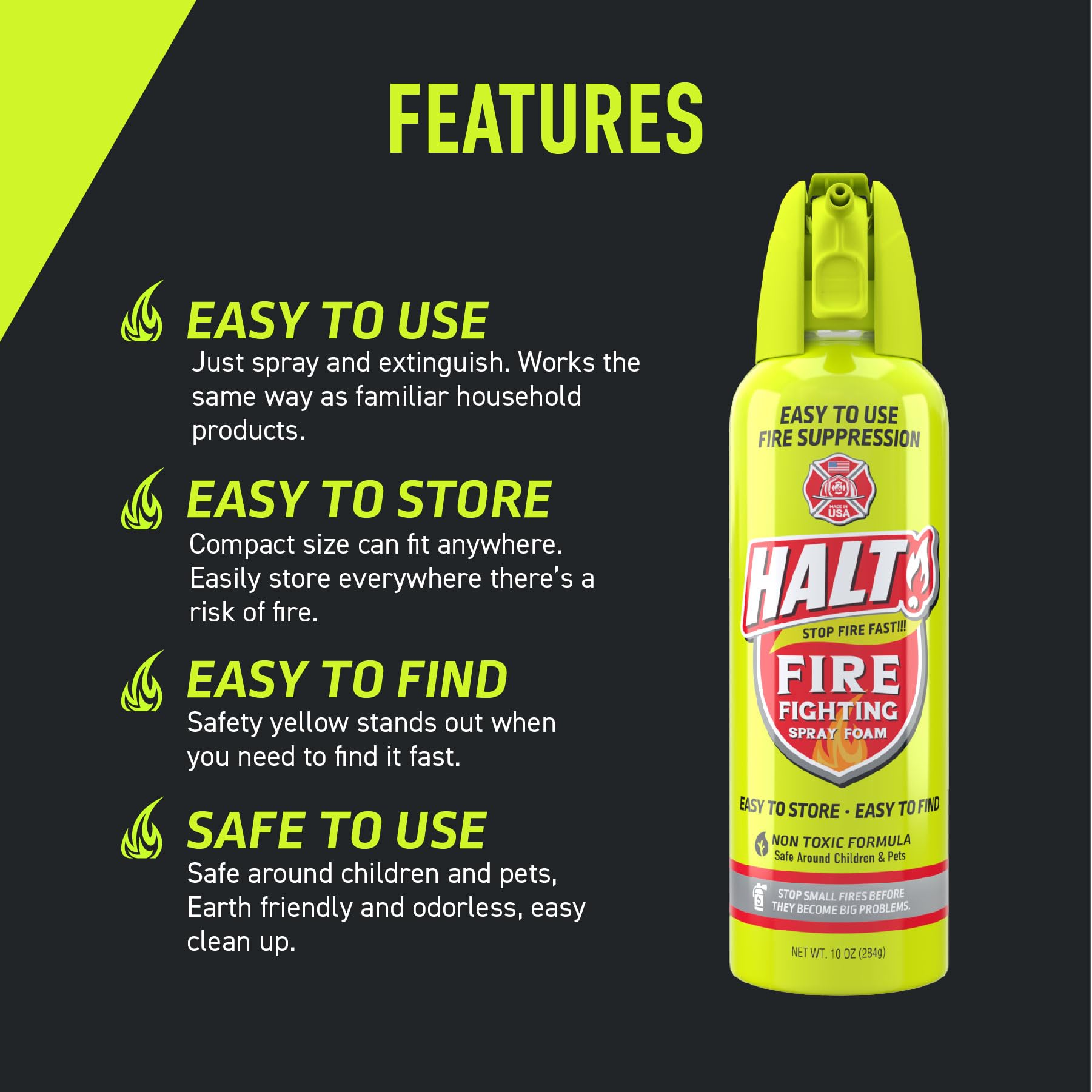 HALT! Handheld Fire Fighting Foam Spray – Non-Toxic, Easy to Use, Store, and Find in Emergency – Compact & Portable – Ideal for Home, Kitchen, Apartment, Car, BBQ, Tailgate – Made in USA (Single Pack)