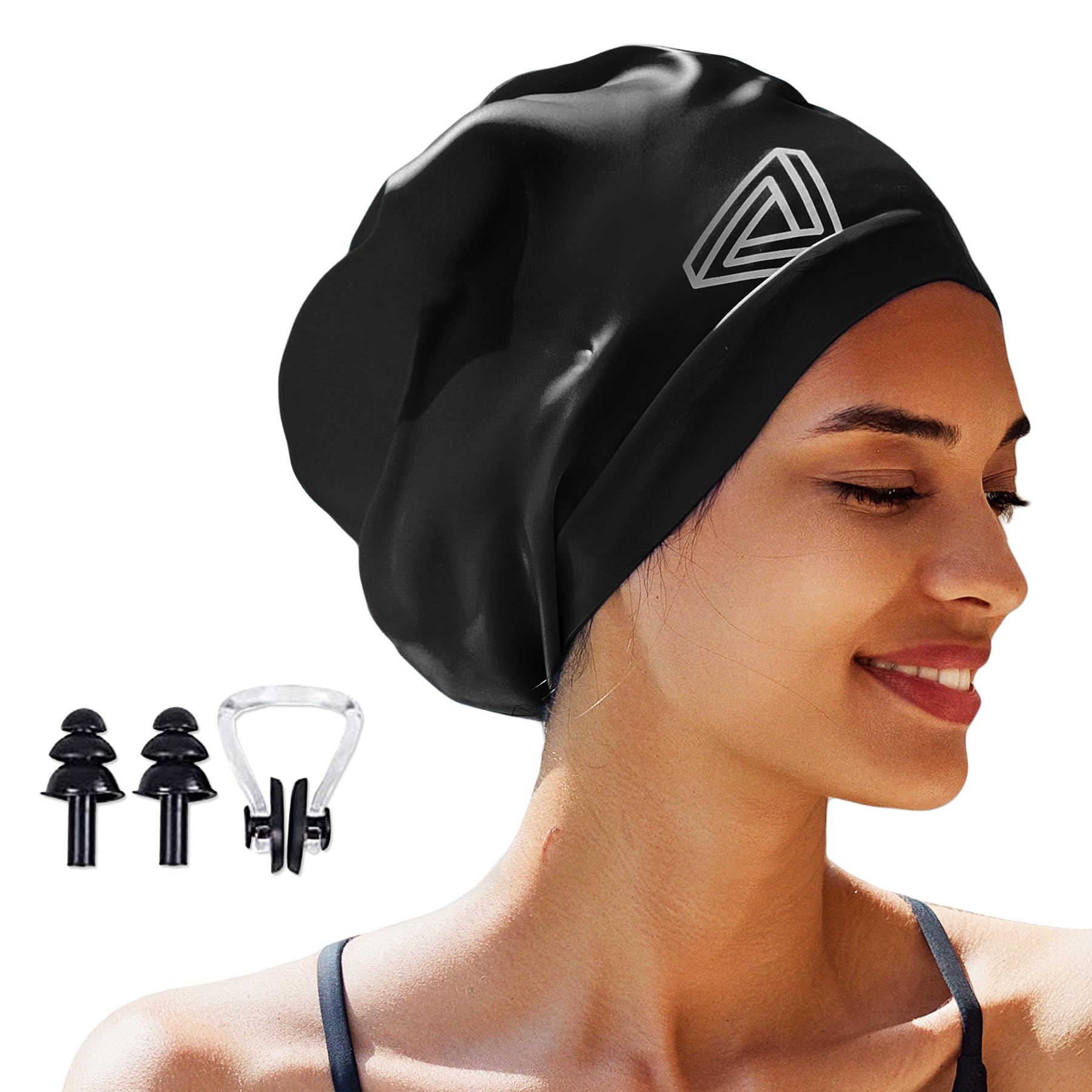 Large Swimming Cap, Suitable for Men and Women, Specially Designed Swimming Cap, Suitable for Very Long and Thick Curly Hair and Braids, Keep Hair Dry (Black)