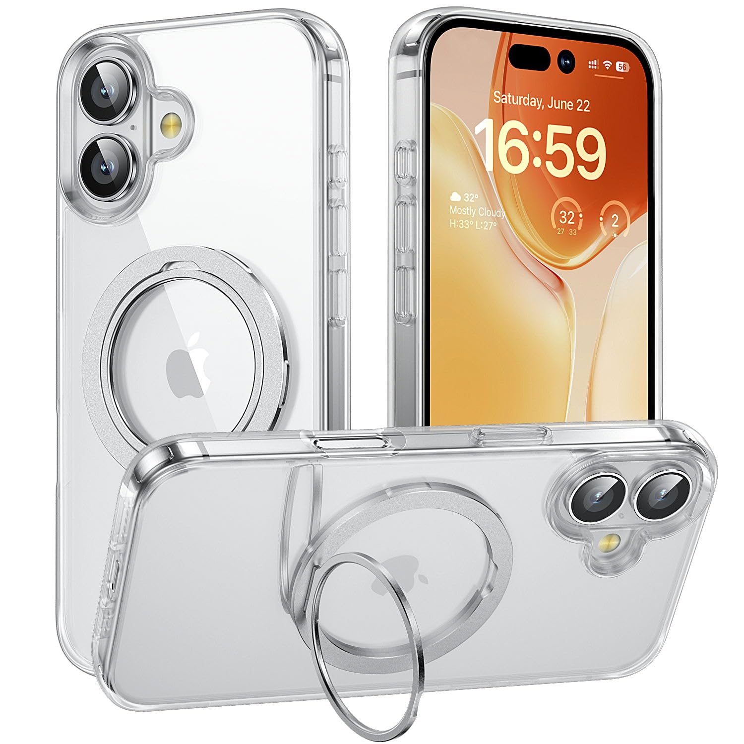 Zuoderri Magnetic Ring Stand for iPhone 16 Case, Military Drop Protection, Compatible with MagSafe, Non-Yellowing, iPhone 16 Case 6.1" with Build in Kickstand,Clear