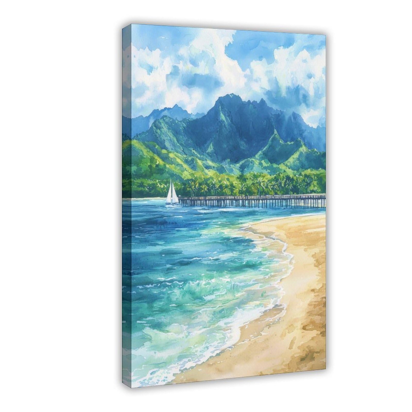 CFIOZYOS Hanalei Bay Watercolor Poster Wall Art Hanalei Bay Wall Hanging Home Décor Gift Art Lovers United States Living Room Office Bedroom Canvas Deco Frame 16x24inch