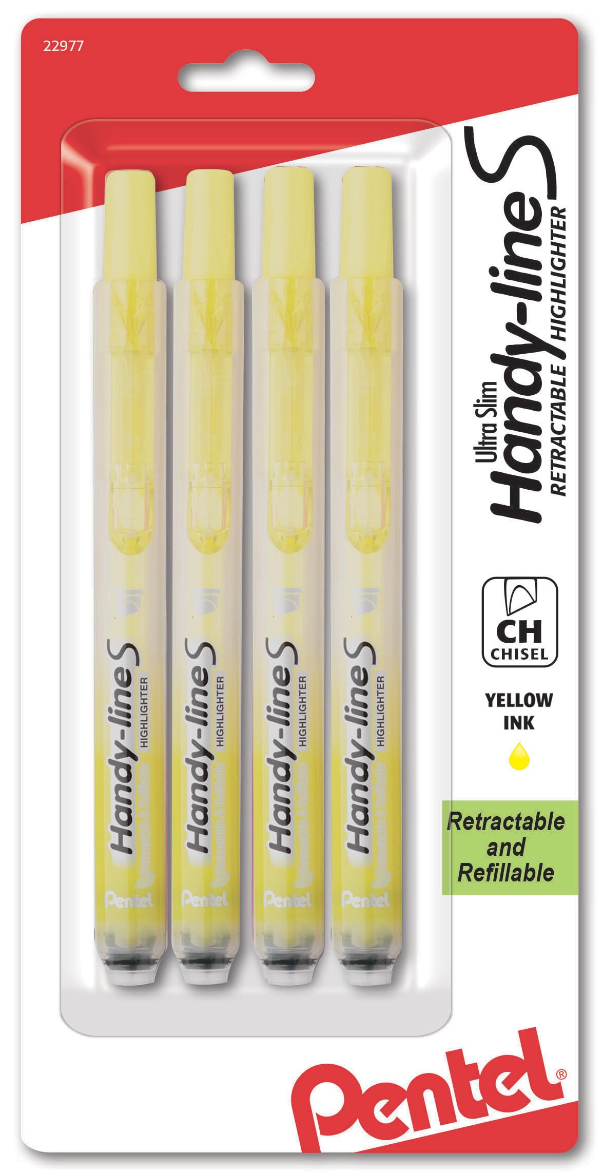 Pentel Handy-line S Retractable Highlighter, Chisel Tip, Yellow Ink, 4 /Pack (SXS15BP4G)