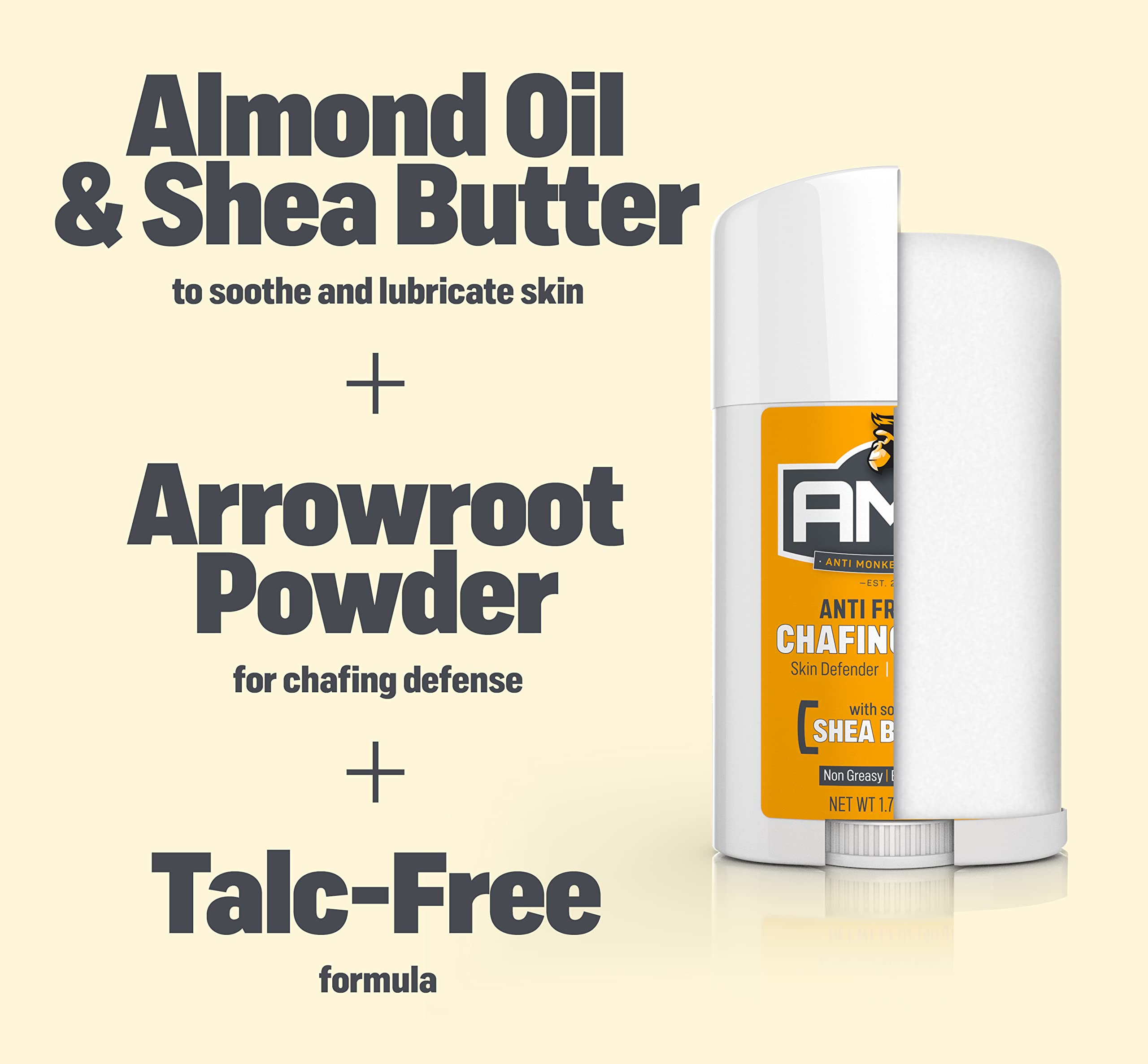 Anti Monkey Butt Anti Chafing Stick, Easy Application to Prevent and Reduce Body, Thigh, Chest Chafe, Rubbing & Irritation with Shea Butter and Almond Oil, 1.7oz