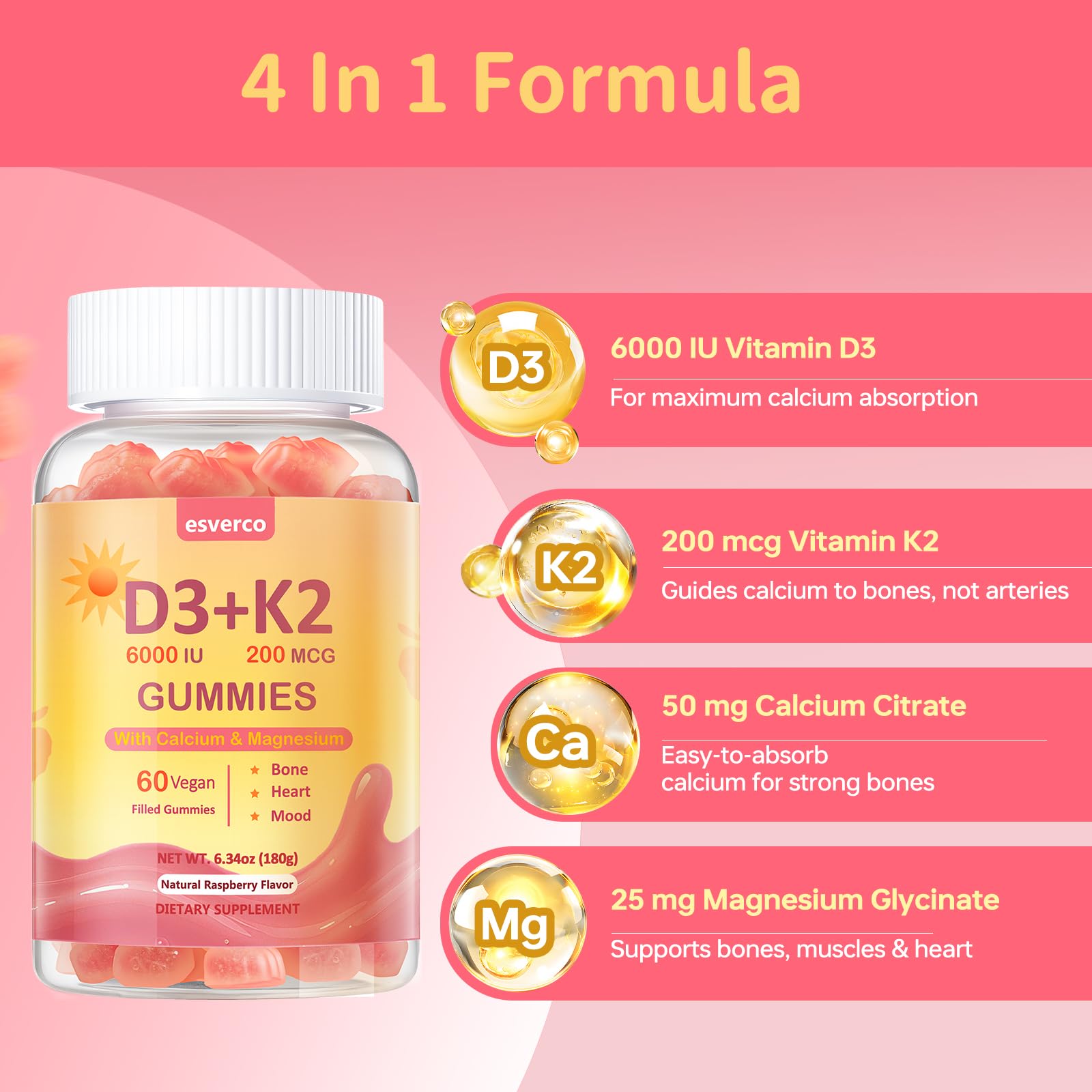 esverco Vitamin D3 K2 Gummies, 6000 IU Vitamin D3 + 200 mcg K2 (MK-7) with Calcium, Magnesium Glycinate, Extra Strength, High Absorption for Bone, Muscle, Teeth, Vegan, Raspberry Flavor, 120 Count