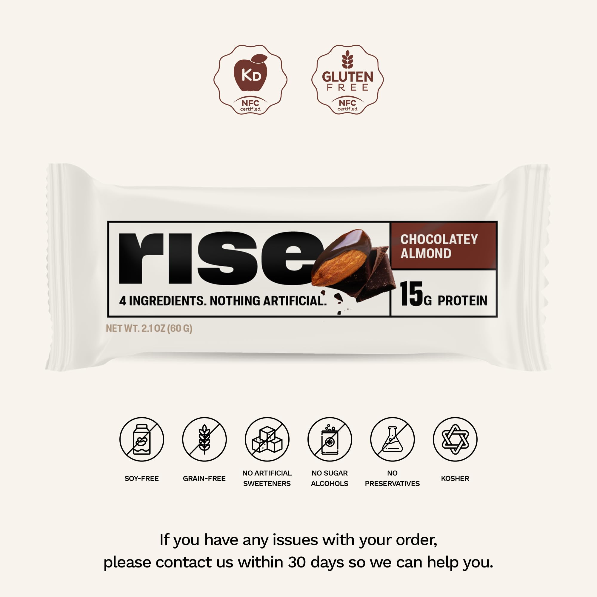 Rise Whey Protein Bars - Chocolatey Almond | Breakfast Bar & Protein Snack 15g Protein 5g Fiber Just 4 Whole Food Ingredients Gluten-Free Soy Free