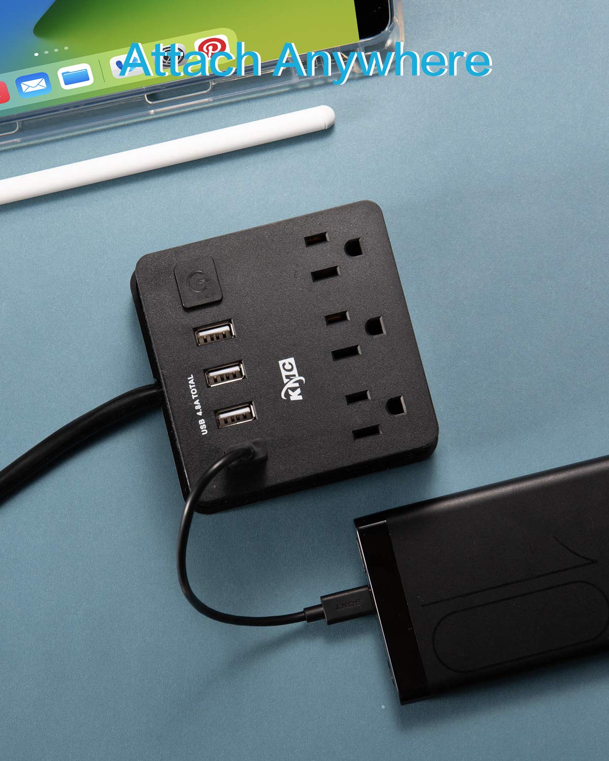 KMC 3-Outlet Travel Power Strip with USB ports (4 USB-A), 5 ft Extention Cord with Multiple Outlets and USB Power Strip, Travel Extension Cord with USB Ports, Power Cube with USB Ports, Black